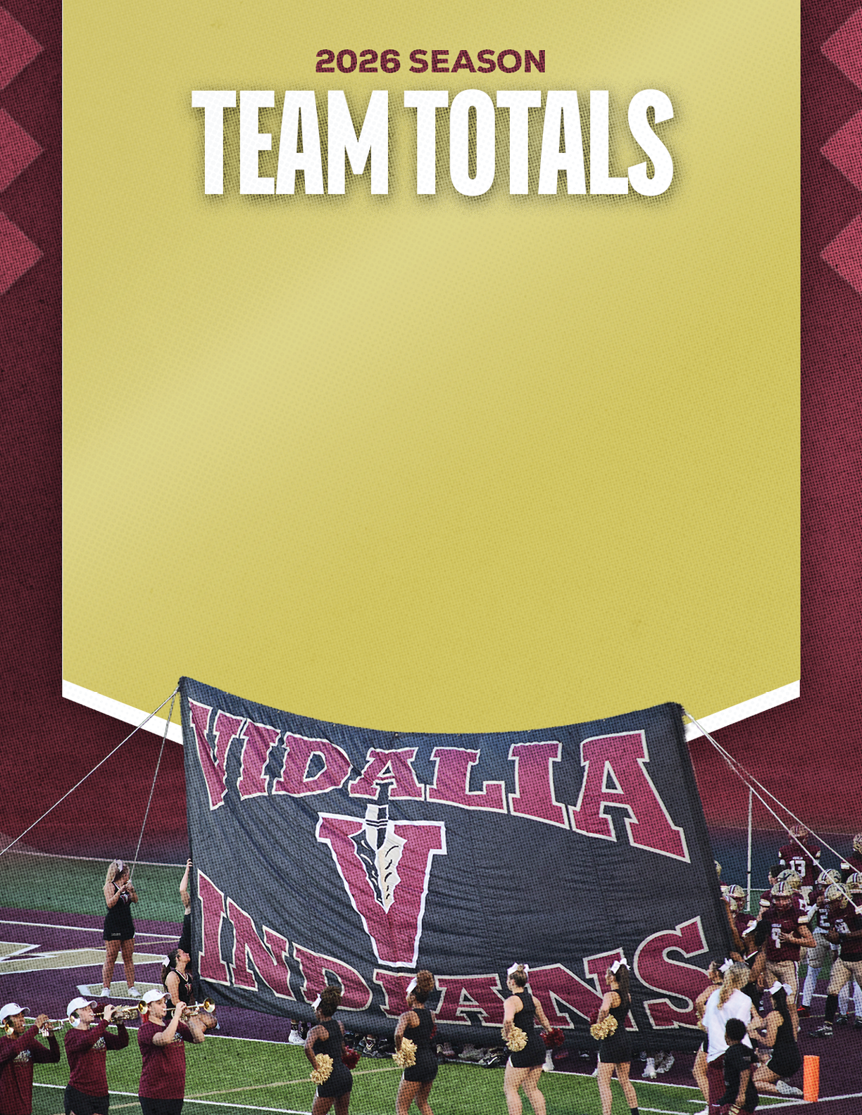 A group of people on a sports field hold up a large banner that reads “Vidalia Indians" with a large letter V in the center, under a header that says "2026 Season Team Totals." Description generated by AI