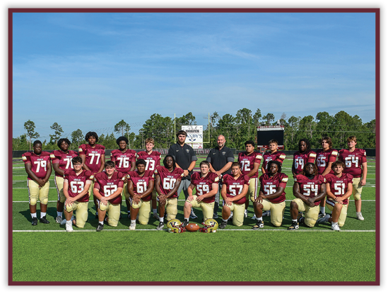 A group of people wearing maroon and gold football uniforms pose together on a green field with a clear blue sky in the background. Description generated by AI