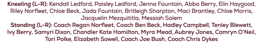 Kneeling (L R): Kendall Ledford, Paisley Ledford, Jenna Fountain, Abba Berry, Elin Haygood, Riley Norfleet, Chloe Bec...
