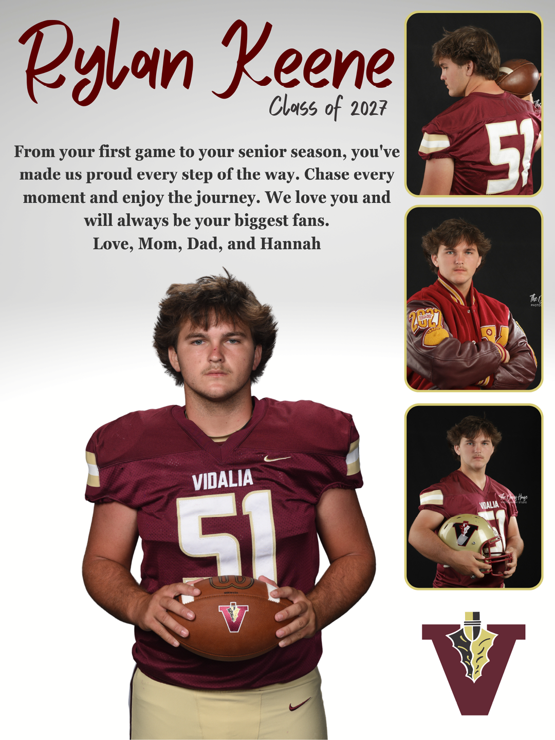 A person wearing a maroon football jersey with the number 51 is holding a football in the center, surrounded by three smaller images of the same person in different poses wearing the same jersey and a letterman jacket, with a message from family expressing pride and love for the class of 2027. Description generated by AI