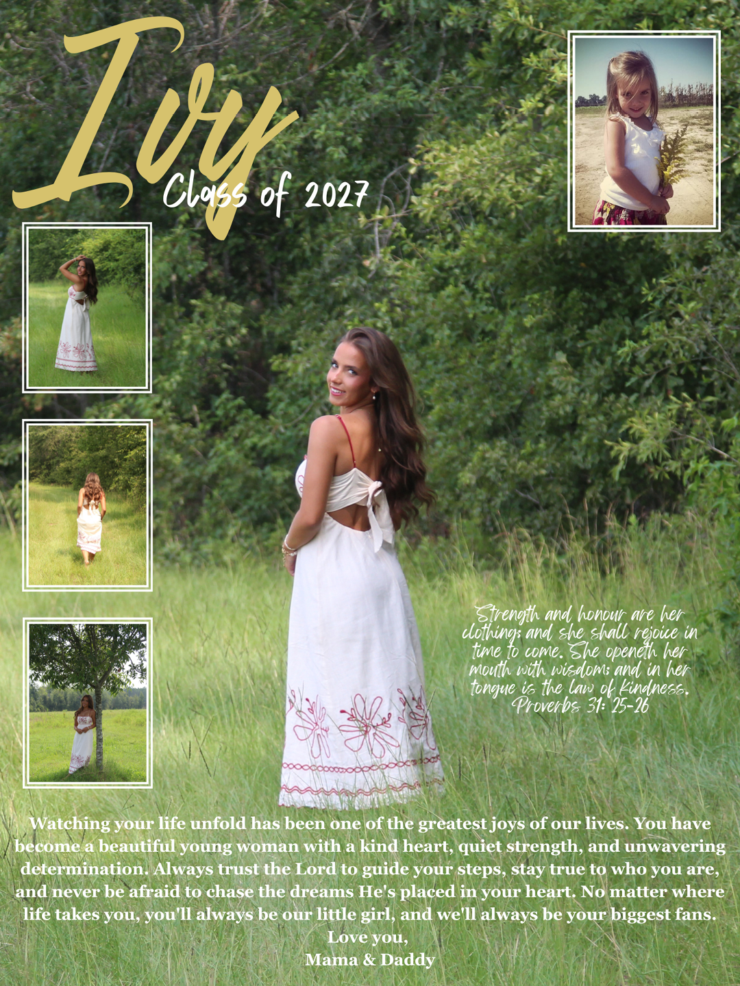 An adult with long hair wearing a white dress with red embroidery stands in a grassy outdoor setting surrounded by smaller framed photos of the same person at different ages, accompanied by a heartfelt message and a Bible verse about strength, kindness, and love. Description generated by AI