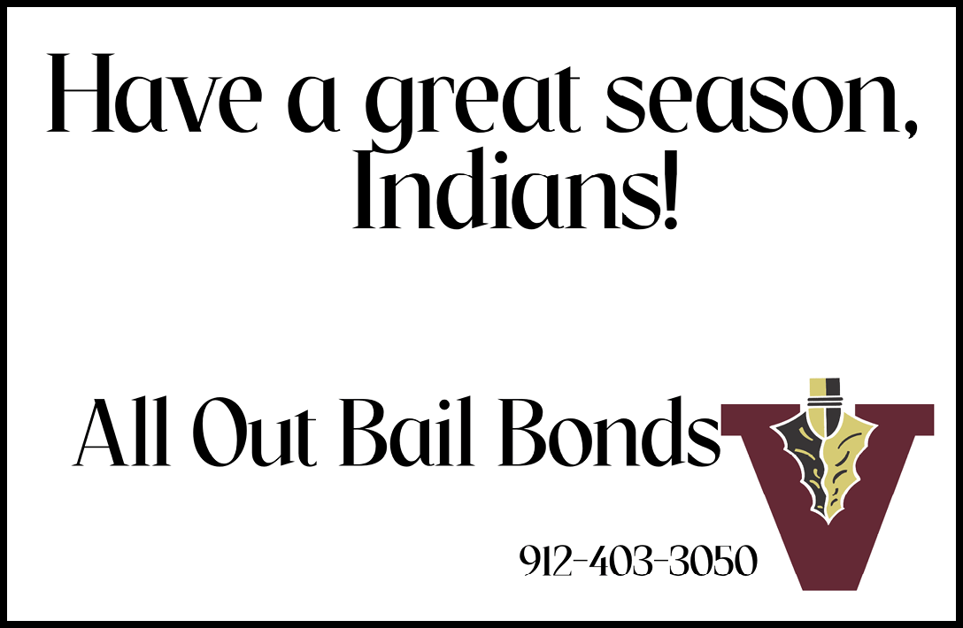 A message wishing the Indians a great season from All Out Bail Bonds with a phone number and a logo featuring a large letter V with a feather. Description generated by AI