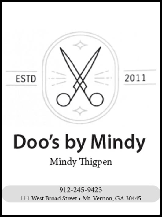 A logo for Doo’s by Mindy featuring crossed scissors, the text “ESTD 2011," the name Mindy Thigpen, a phone number, and an address in Mt. Vernon, GA. Description generated by AI