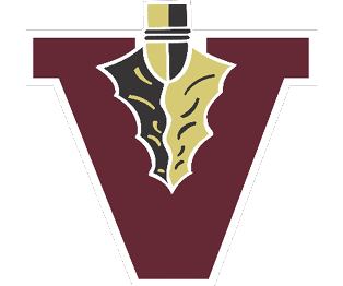 A maroon letter V with a stylized black and gold fountain pen nib in the center. Description generated by AI