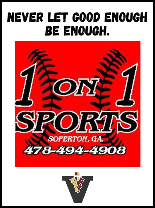 The image features a red background with black baseball stitching and bold text reading “1 on 1 Sports Soperton, GA" along with a phone number and the phrase "Never let good enough be enough" above it. Description generated by AI