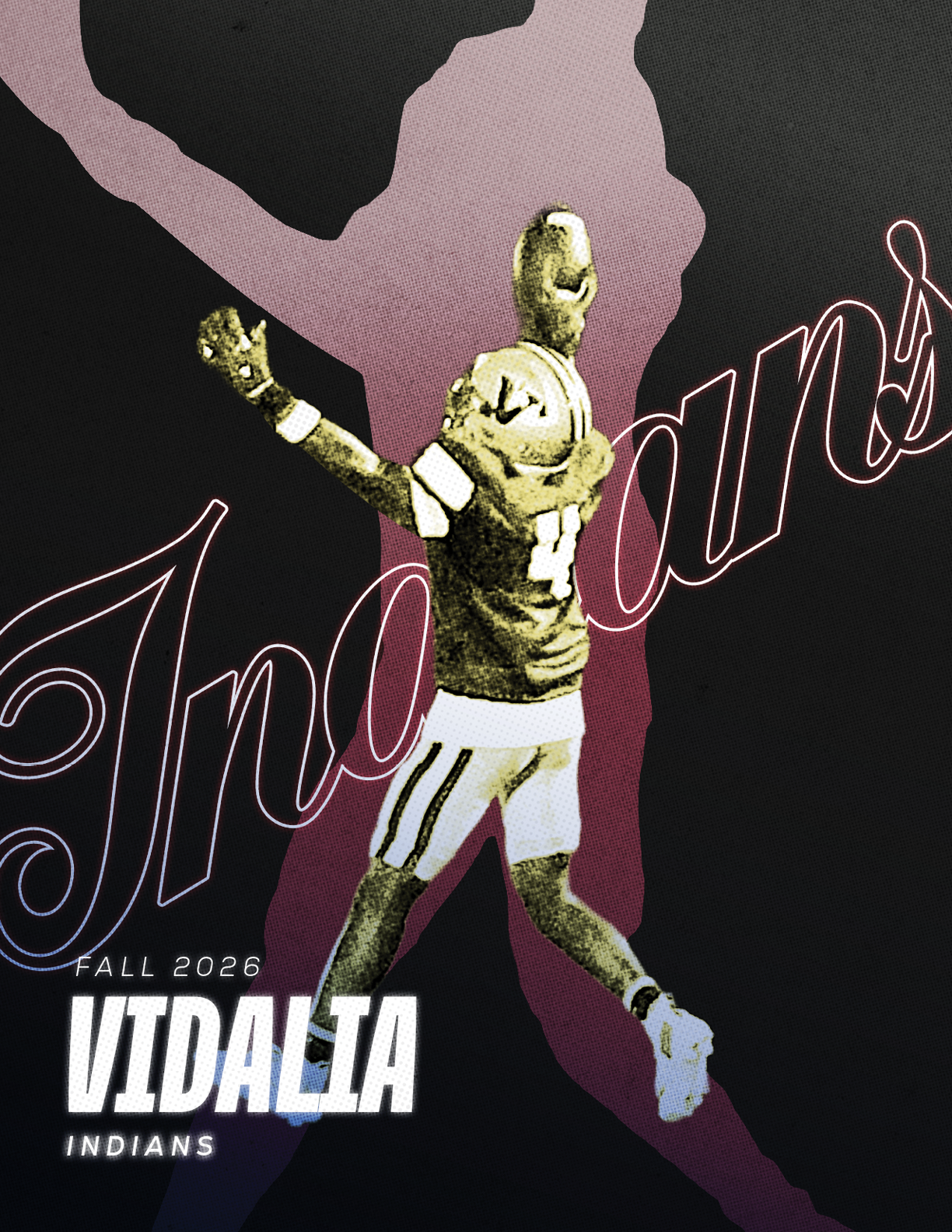 A person in a football uniform with the number 44 is celebrating with arms raised in front of a background featuring the word “Indians" and the text "Fall 2025 Vidalia Indians." Description generated by AI