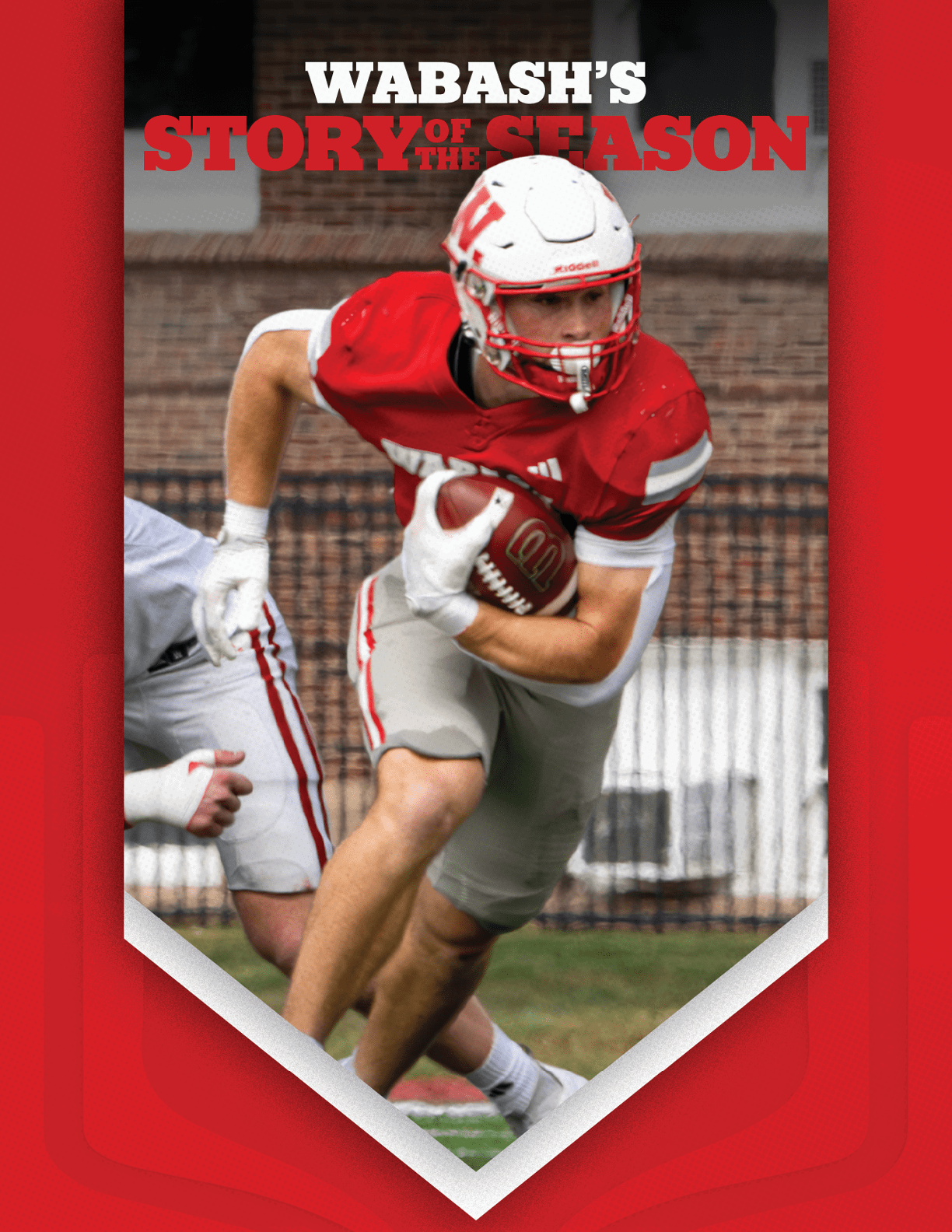 A large group of people wearing red sports uniforms is posed together on a track field in front of bleachers and a stadium building with the text Wabash's Story of the Season above them. Description generated by AI
