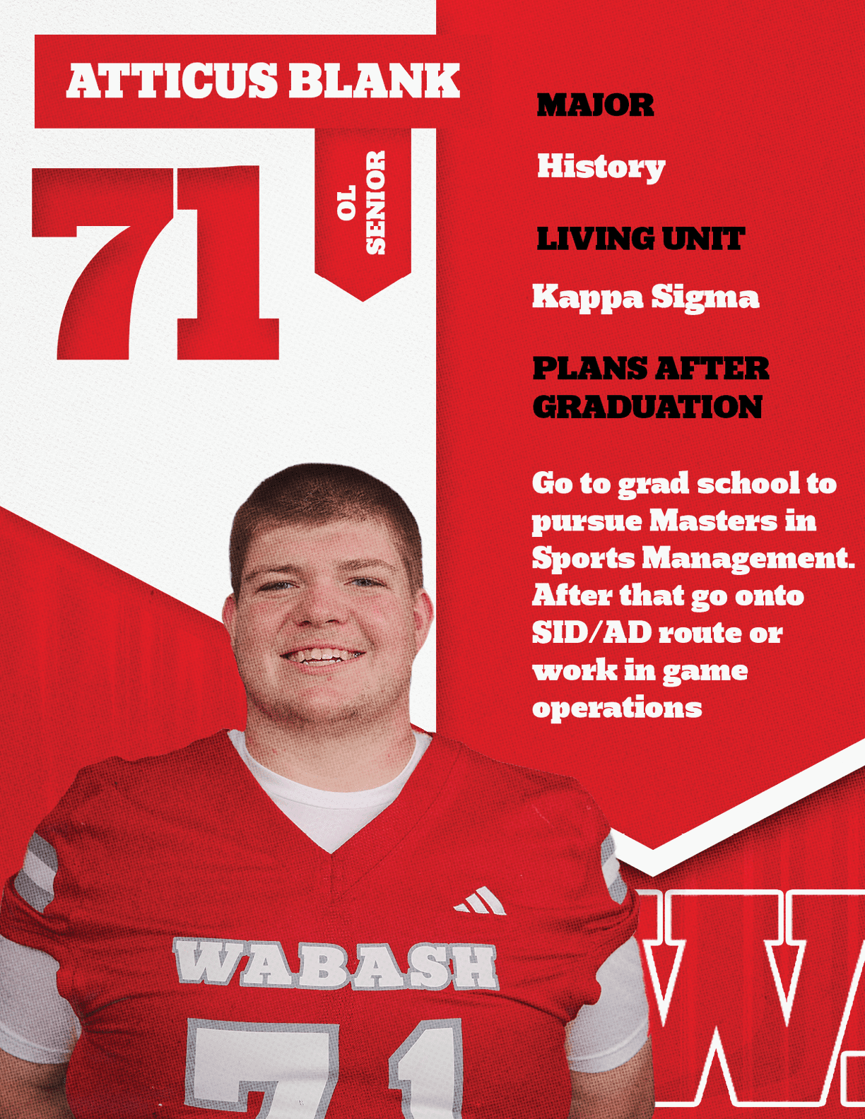 An adult wearing a red sports jersey with the number 12 and the name Wabash smiles in front of a red and white background displaying the name Brand Campbell, the major Rhetoric, living unit Butler A, and plans after graduation as undecided. Description generated by AI