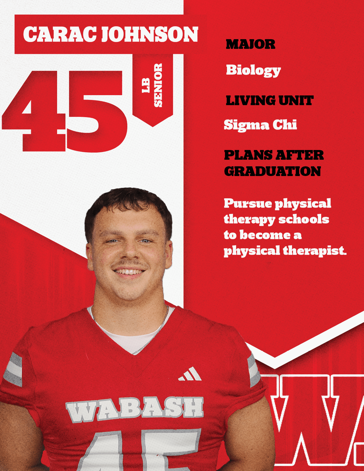 A person wearing a red sports jersey with the word WABASH stands smiling next to text detailing their name, class year, major in rhetoric, living unit, and plans to attend seminary for a master's degree after graduation. Description generated by AI