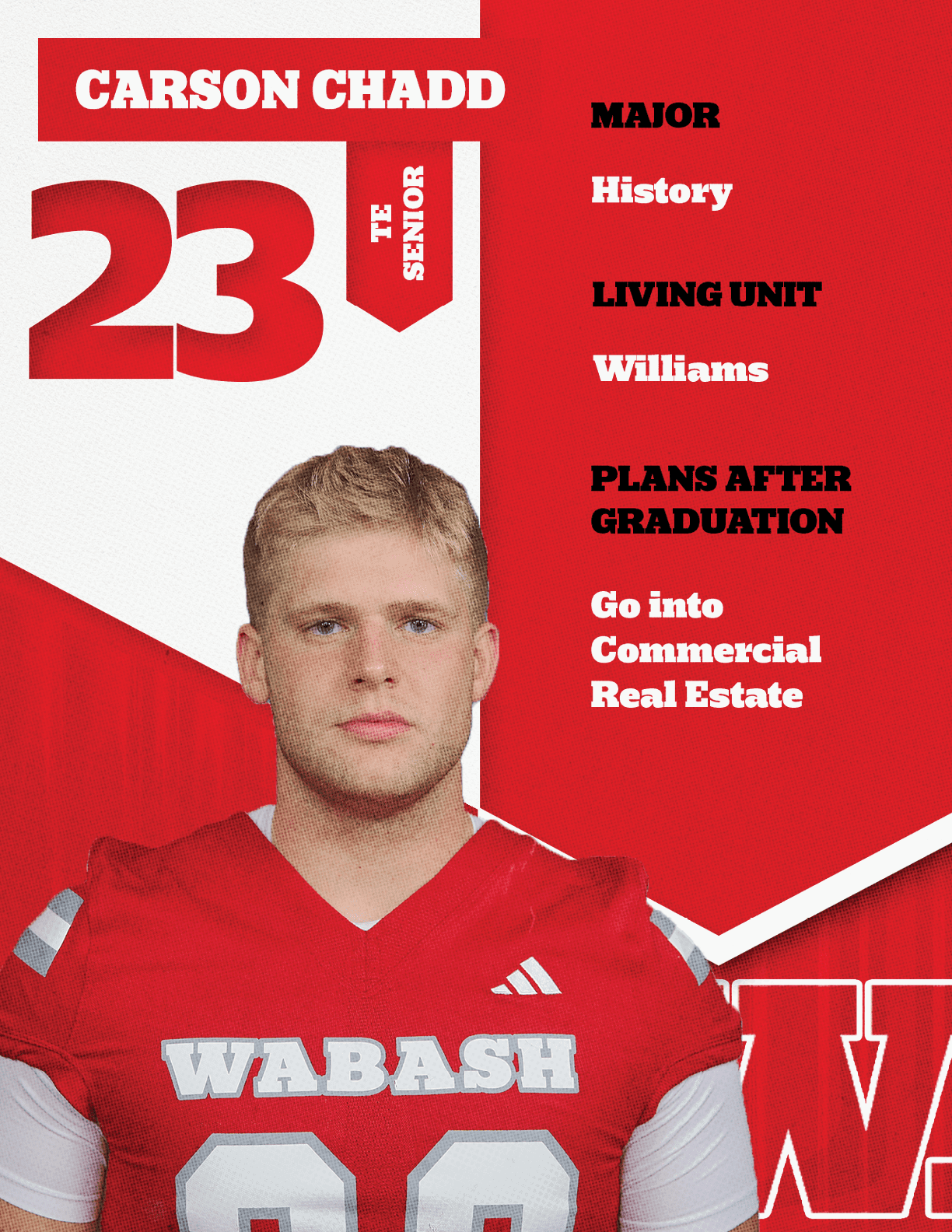 An adult with short hair wearing a red sports jersey with the word Wabash stands next to text highlighting the name Wade McAllister, class year 19, major in economics, living unit Sigma Chi, and plans to pursue a career in sales after graduation. Description generated by AI
