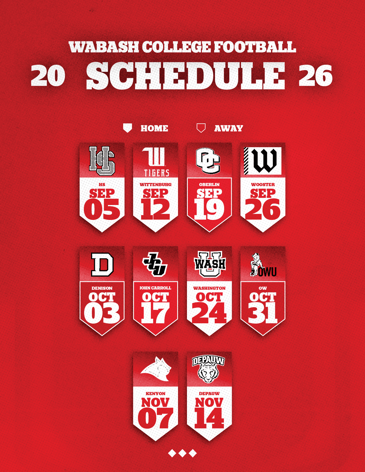 Wabash College Football 2026 schedule displayed on a red background with team logos and dates for home and away games in September, October, and November. Description generated by AI