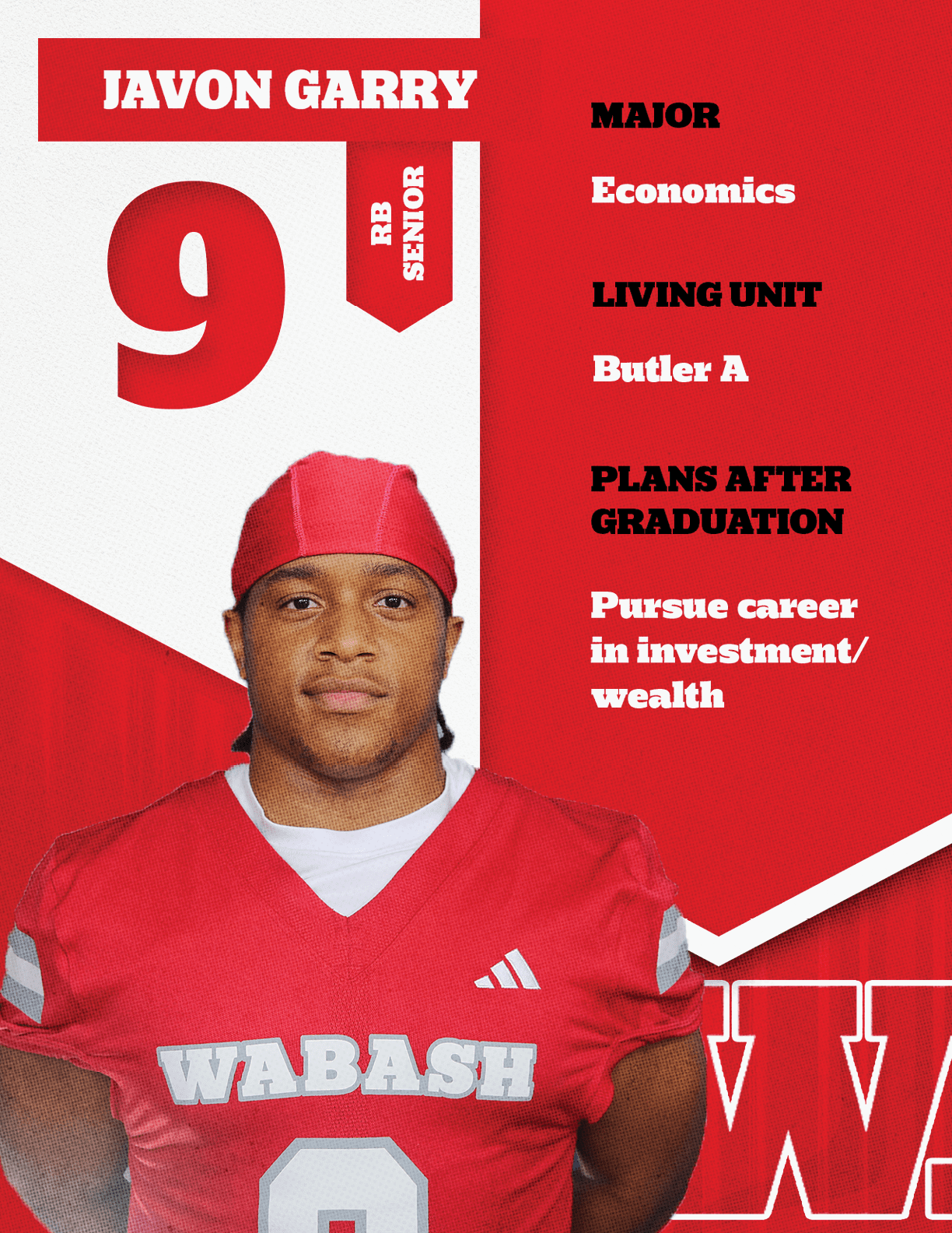 A person with curly hair wearing a red sports jersey is shown below bold text displaying the name Luke Adams, the number 14, and the letter W with a red and white background. Description generated by AI
