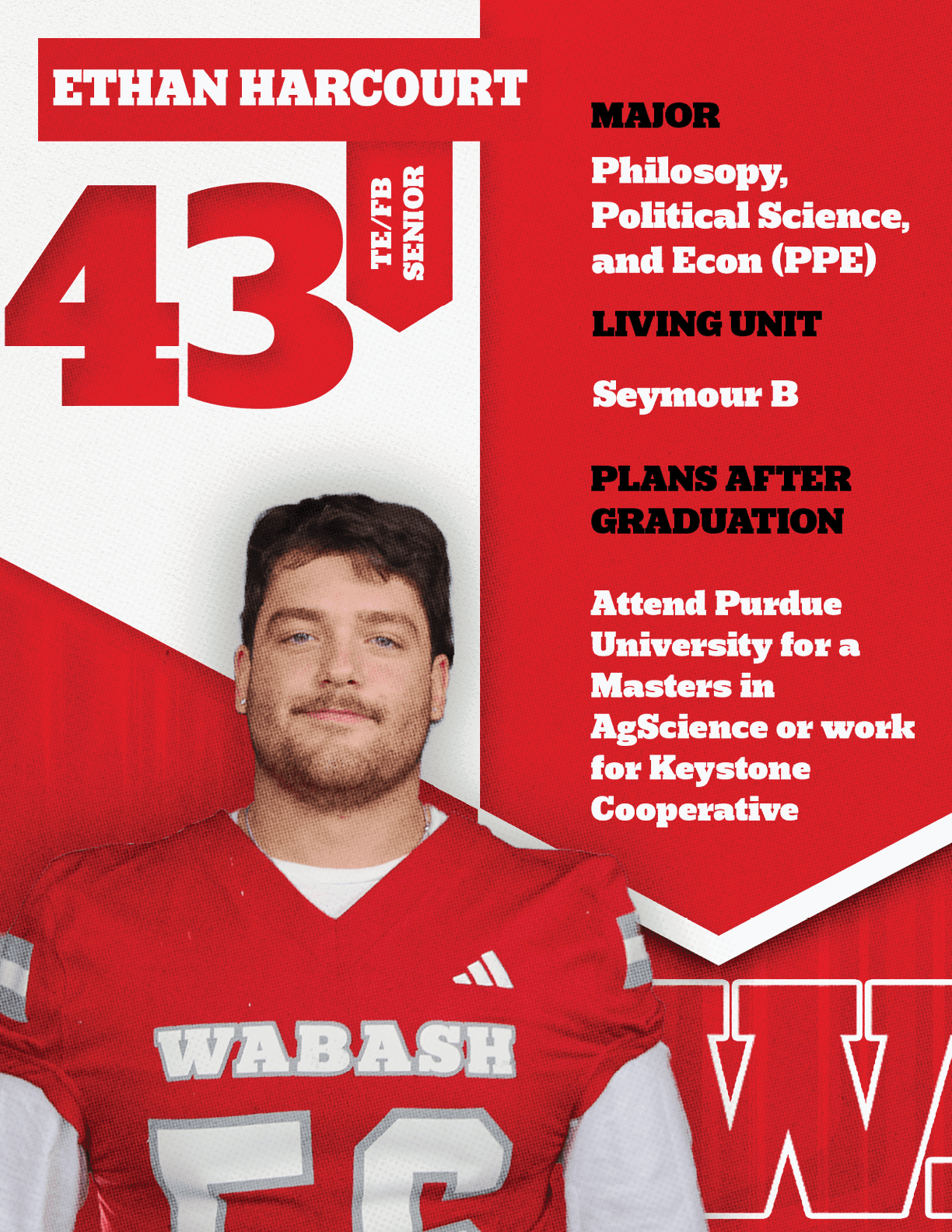A person wearing a red sports jersey with the word WABASH stands smiling next to text detailing their name, class year, major in rhetoric, living unit, and plans to attend seminary for a master's degree after graduation. Description generated by AI