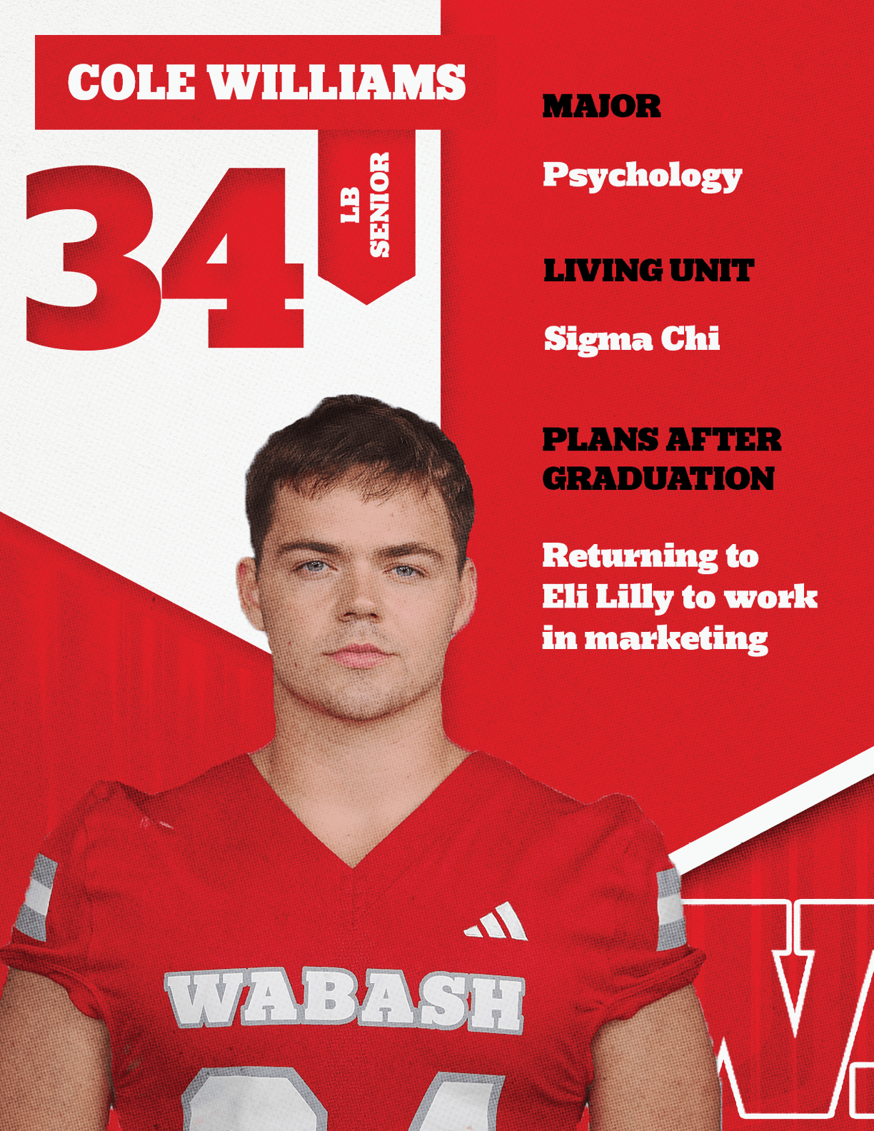 An adult with short hair wearing a red sports jersey with the word Wabash stands next to text highlighting the name Wade McAllister, class year 19, major in economics, living unit Sigma Chi, and plans to pursue a career in sales after graduation. Description generated by AI