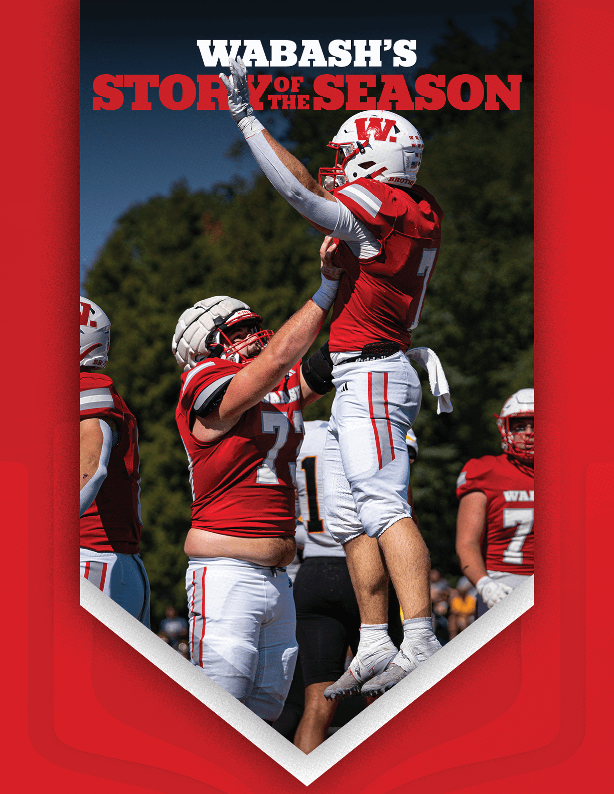 A large group of people wearing red sports uniforms is posed together on a track field in front of bleachers and a stadium building with the text Wabash's Story of the Season above them. Description generated by AI