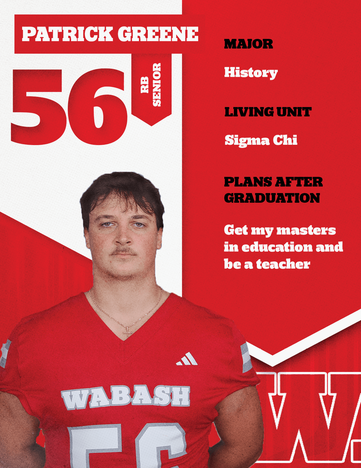 A person wearing a red sports jersey with the word WABASH stands smiling next to text detailing their name, class year, major in rhetoric, living unit, and plans to attend seminary for a master's degree after graduation. Description generated by AI