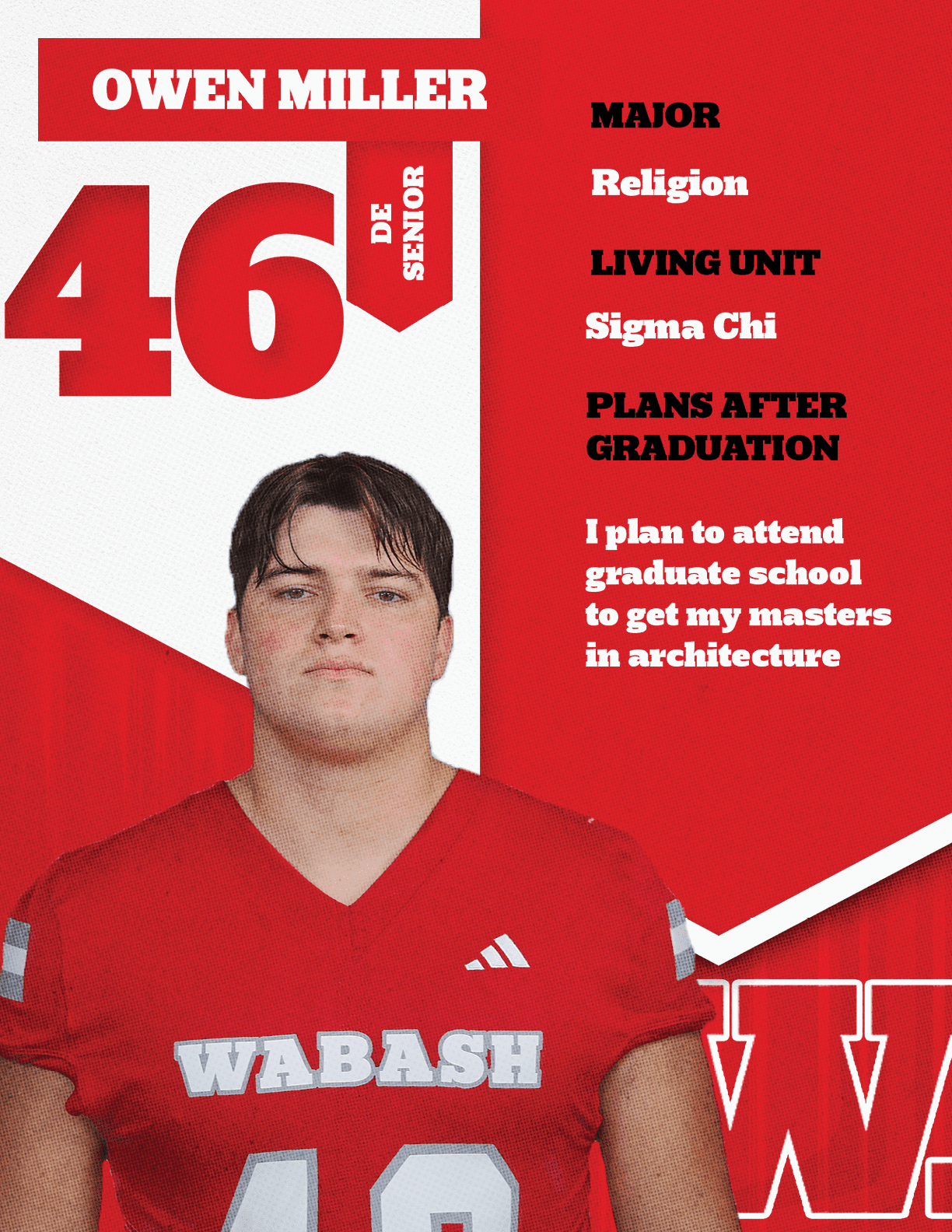 An adult with short hair wearing a red sports jersey with the word Wabash stands next to text highlighting the name Wade McAllister, class year 19, major in economics, living unit Sigma Chi, and plans to pursue a career in sales after graduation. Description generated by AI