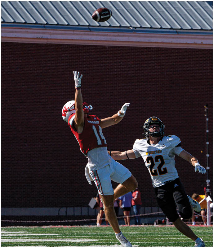 Two people in football uniforms are engaged in a tackle on a grassy field during a game. Description generated by AI