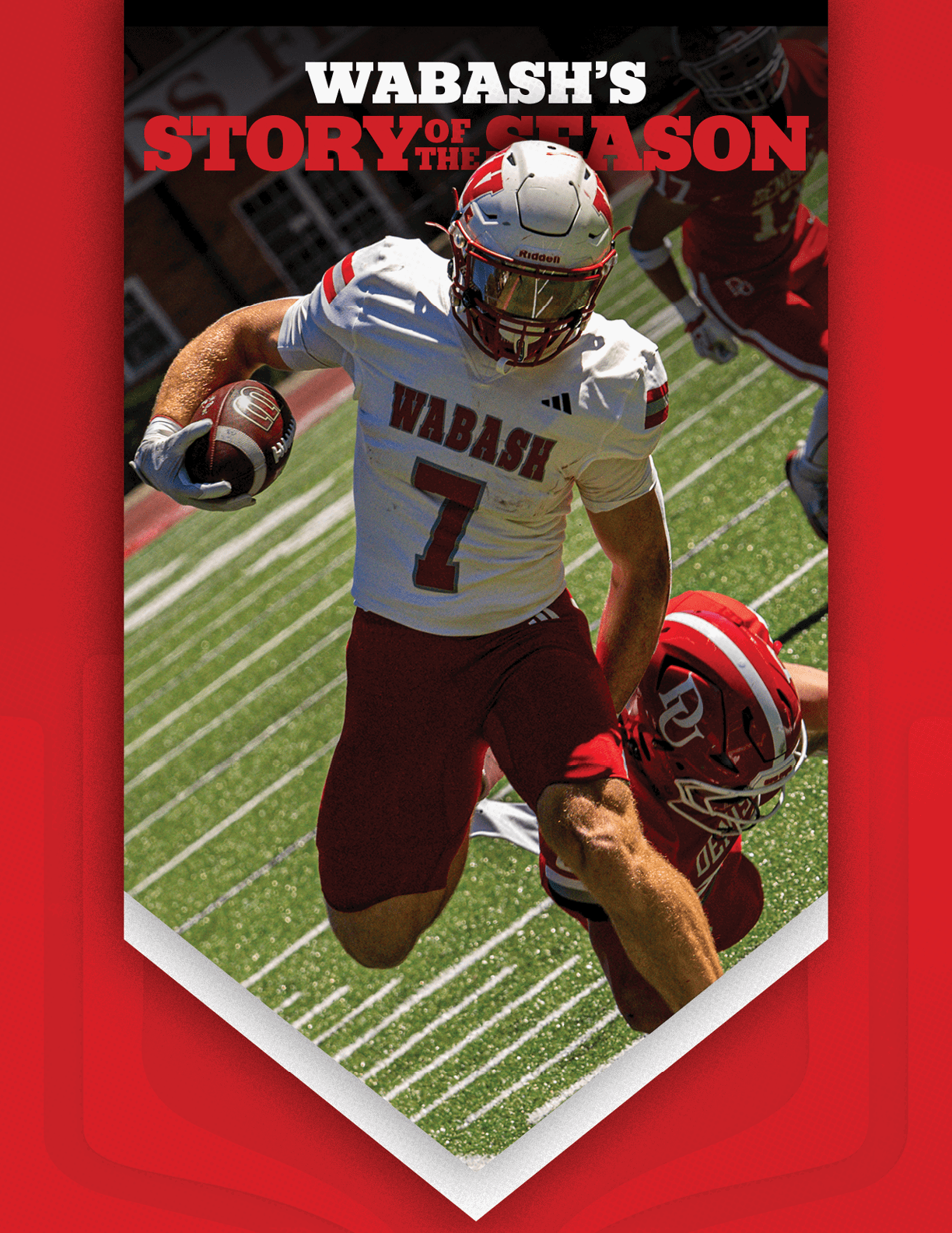 A large group of people wearing red sports uniforms is posed together on a track field in front of bleachers and a stadium building with the text Wabash's Story of the Season above them. Description generated by AI