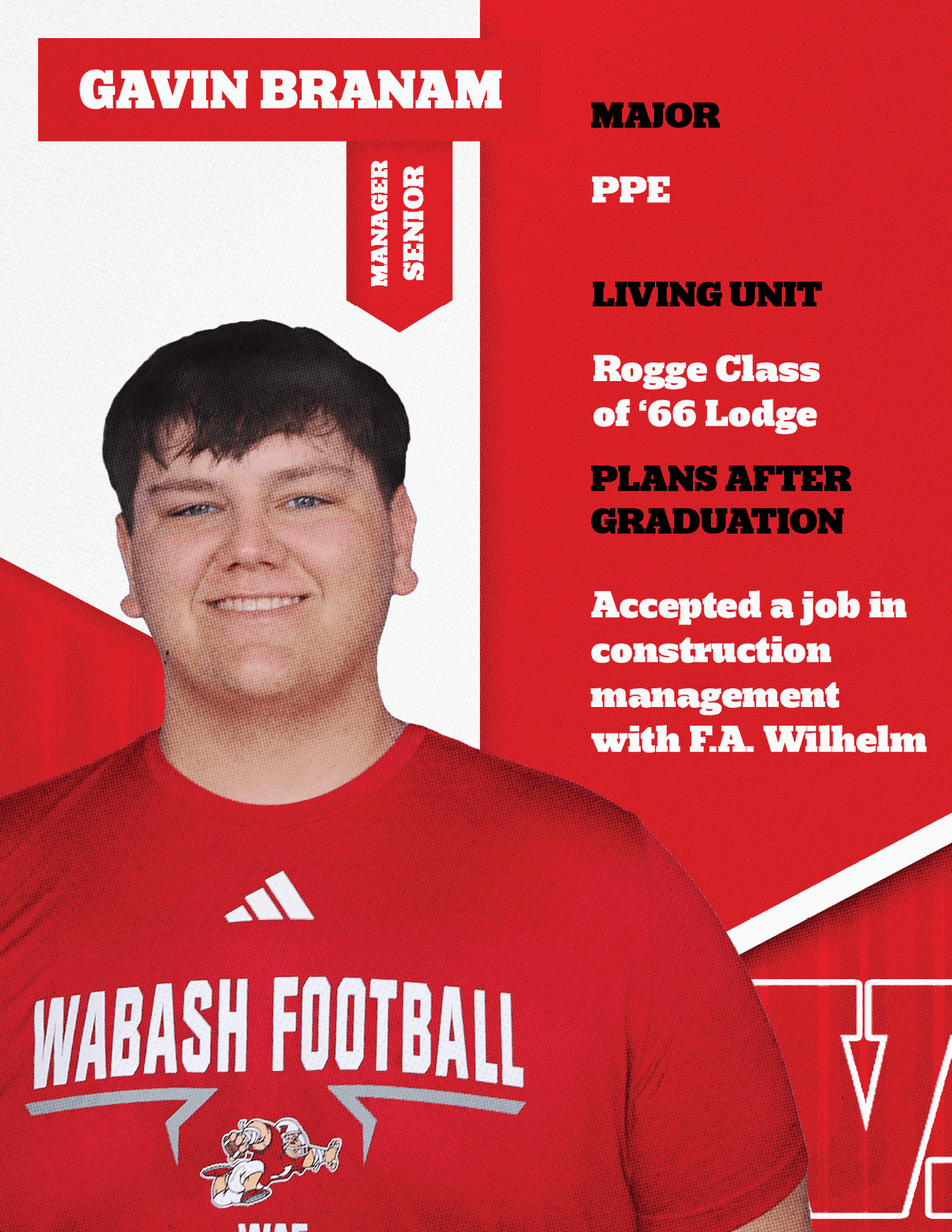 An adult with short hair wearing a red sports jersey with the word Wabash stands next to text highlighting the name Wade McAllister, class year 19, major in economics, living unit Sigma Chi, and plans to pursue a career in sales after graduation. Description generated by AI