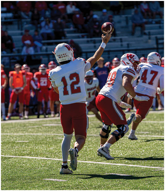 Two people in football uniforms are engaged in a tackle on a grassy field during a game. Description generated by AI