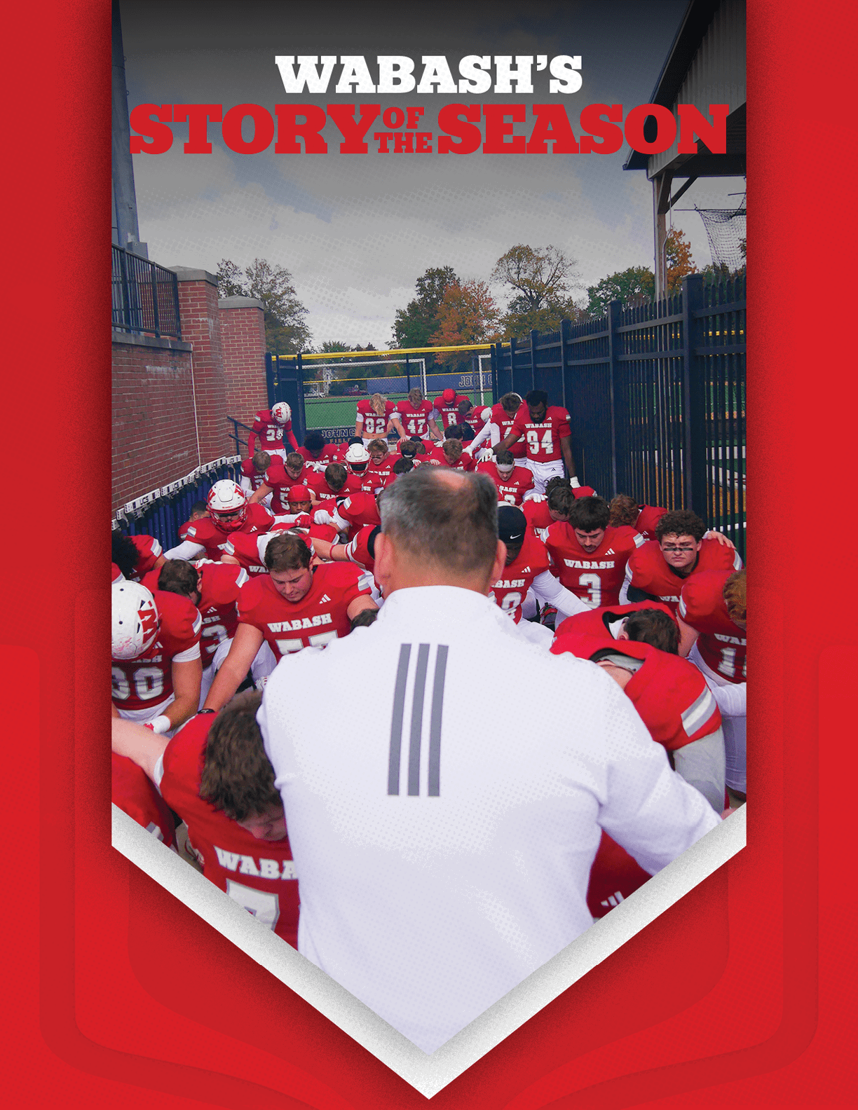 A large group of people wearing red sports uniforms is posed together on a track field in front of bleachers and a stadium building with the text Wabash's Story of the Season above them. Description generated by AI