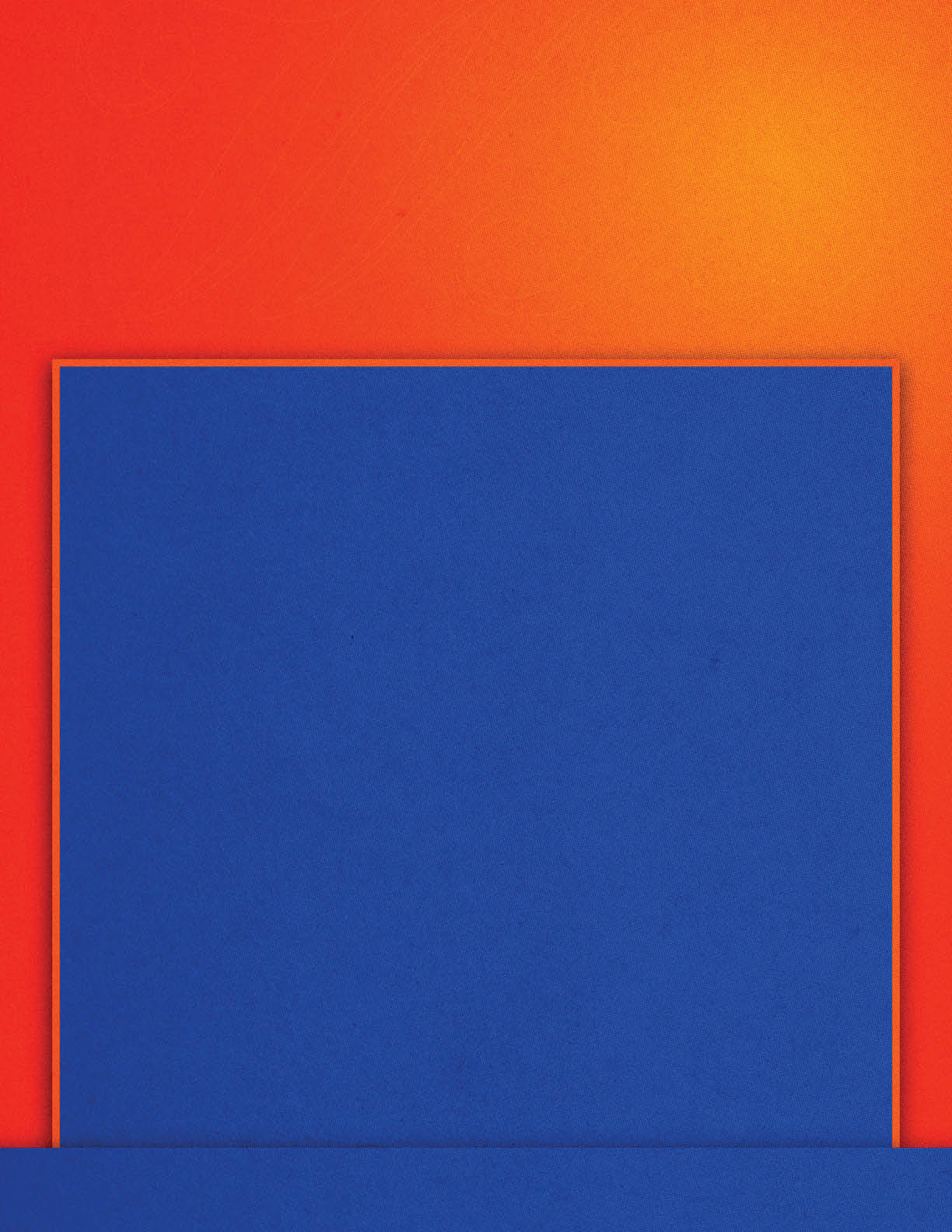A solid blue square centered on a textured bright orange background. Description generated by AI