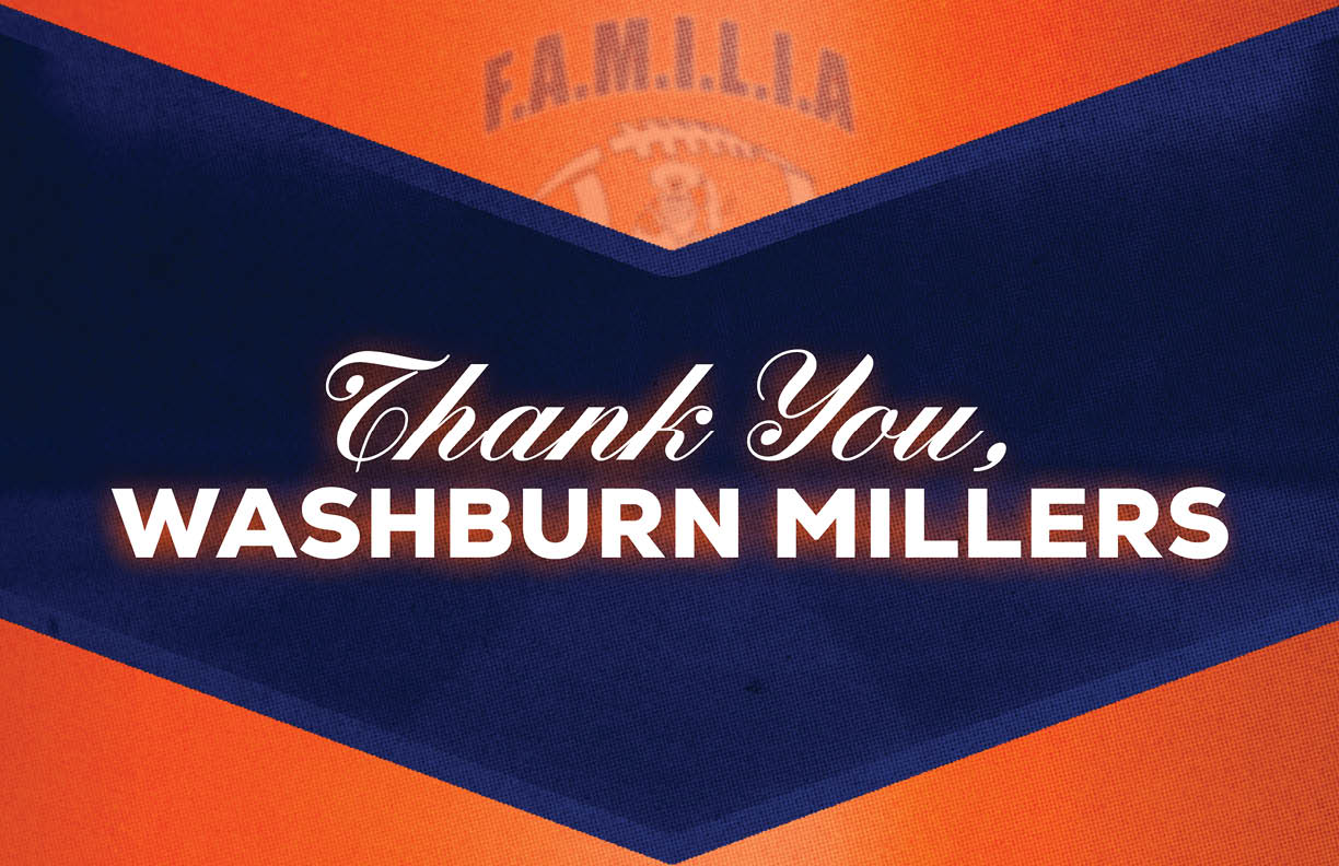 Thank you message displayed in white text on a dark blue chevron shape over an orange background with faint text reading F.A.M.I.L.I.A. above. Description generated by AI