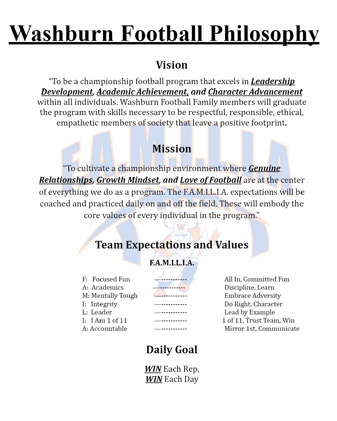 A document excerpt showing a mission statement emphasizing values like growth mindset and love of football with a faint background image of a football player and the heading Team Expectations and Values. Description generated by AI