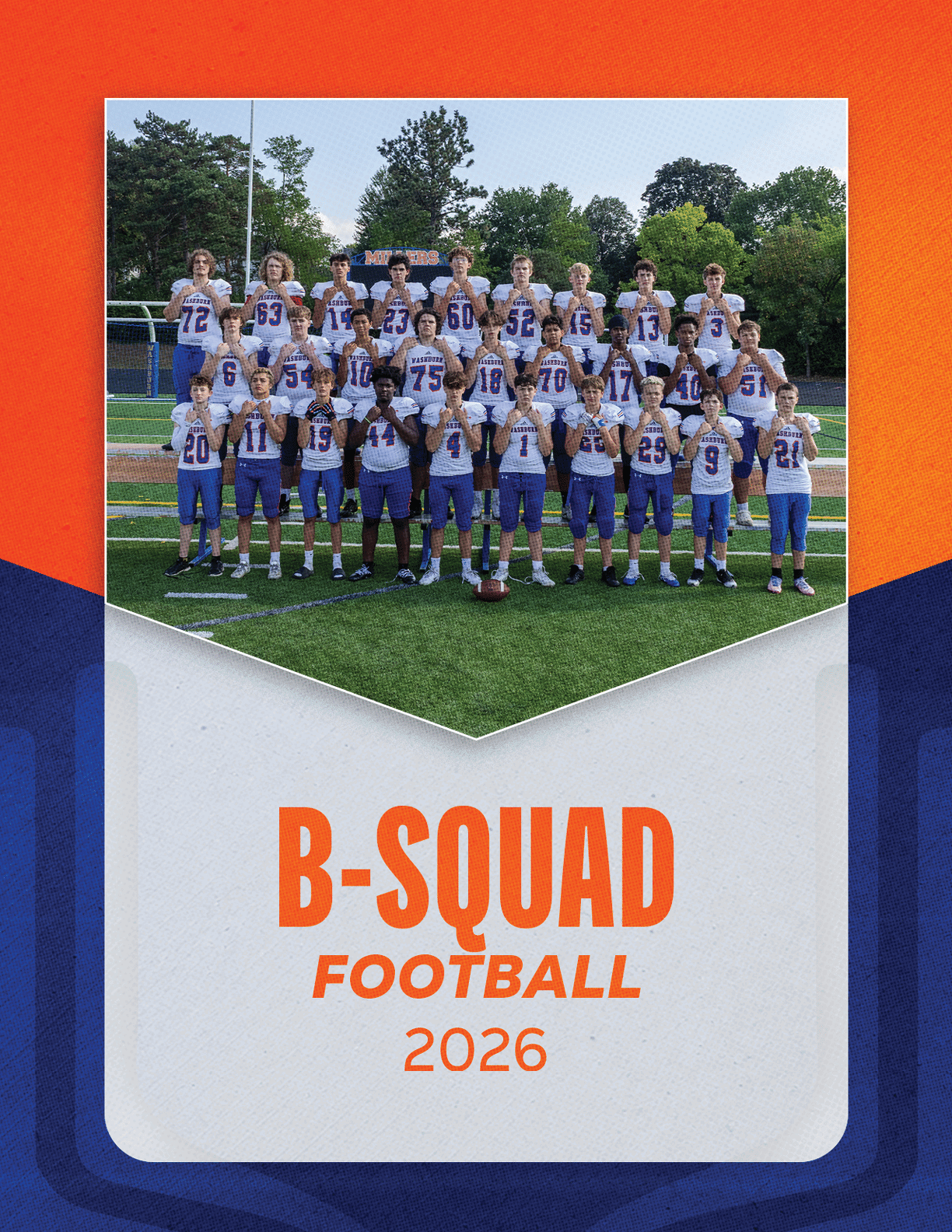 A group of children in football uniforms pose on a field with a football in front of them above text that reads B-Squad Football 2026. Description generated by AI