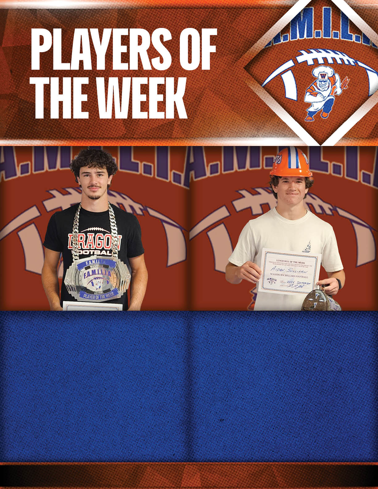Two adults stand side by side against a sports-themed background with one wearing a large chain necklace and the other holding a certificate and wearing a construction helmet, under the heading “Players of the Week." Description generated by AI