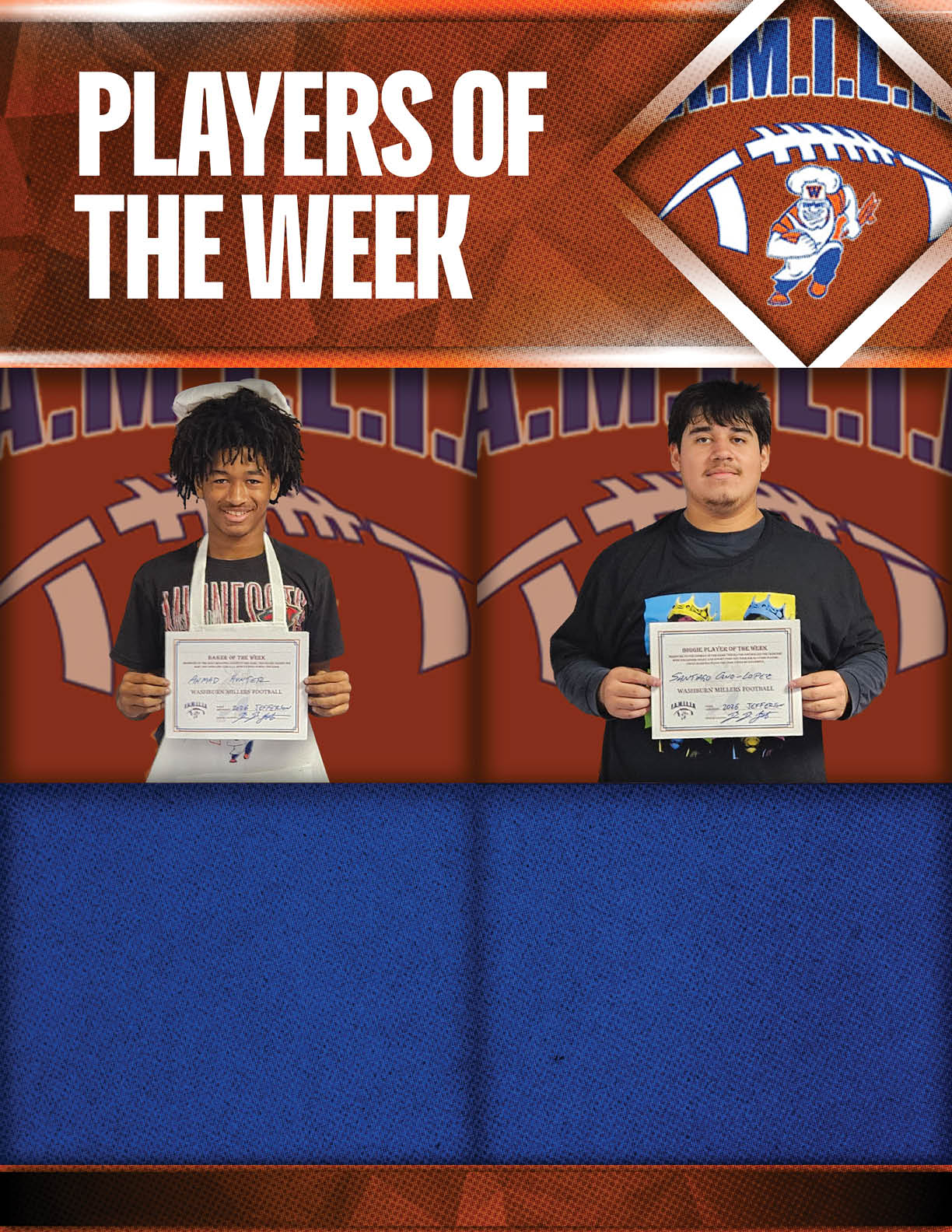 Two people stand side by side holding certificates with a background featuring a football and the text “Players of the Week." Description generated by AI