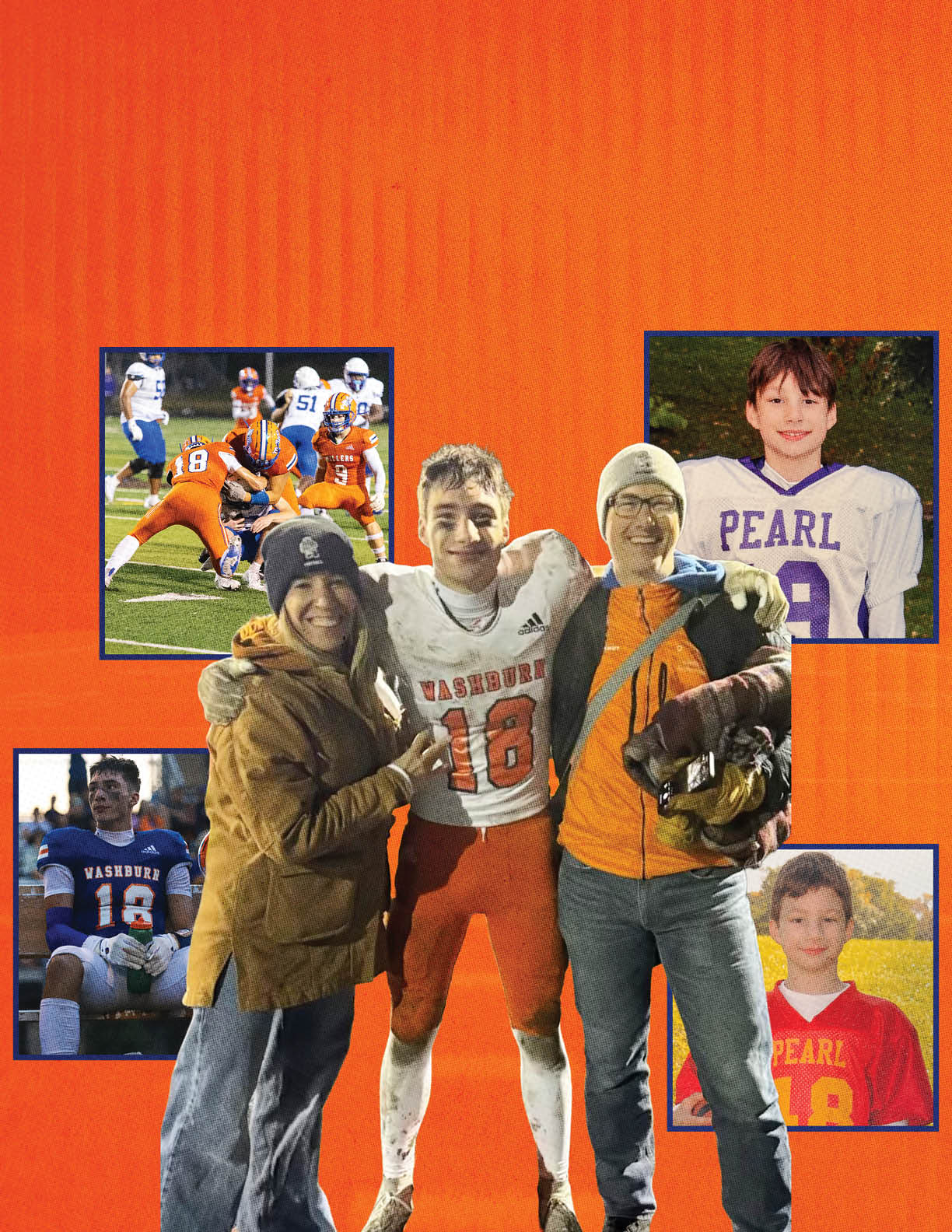 Three people stand together smiling with arms around each other in front of an orange background featuring four smaller photos of children and youth in football uniforms. Description generated by AI