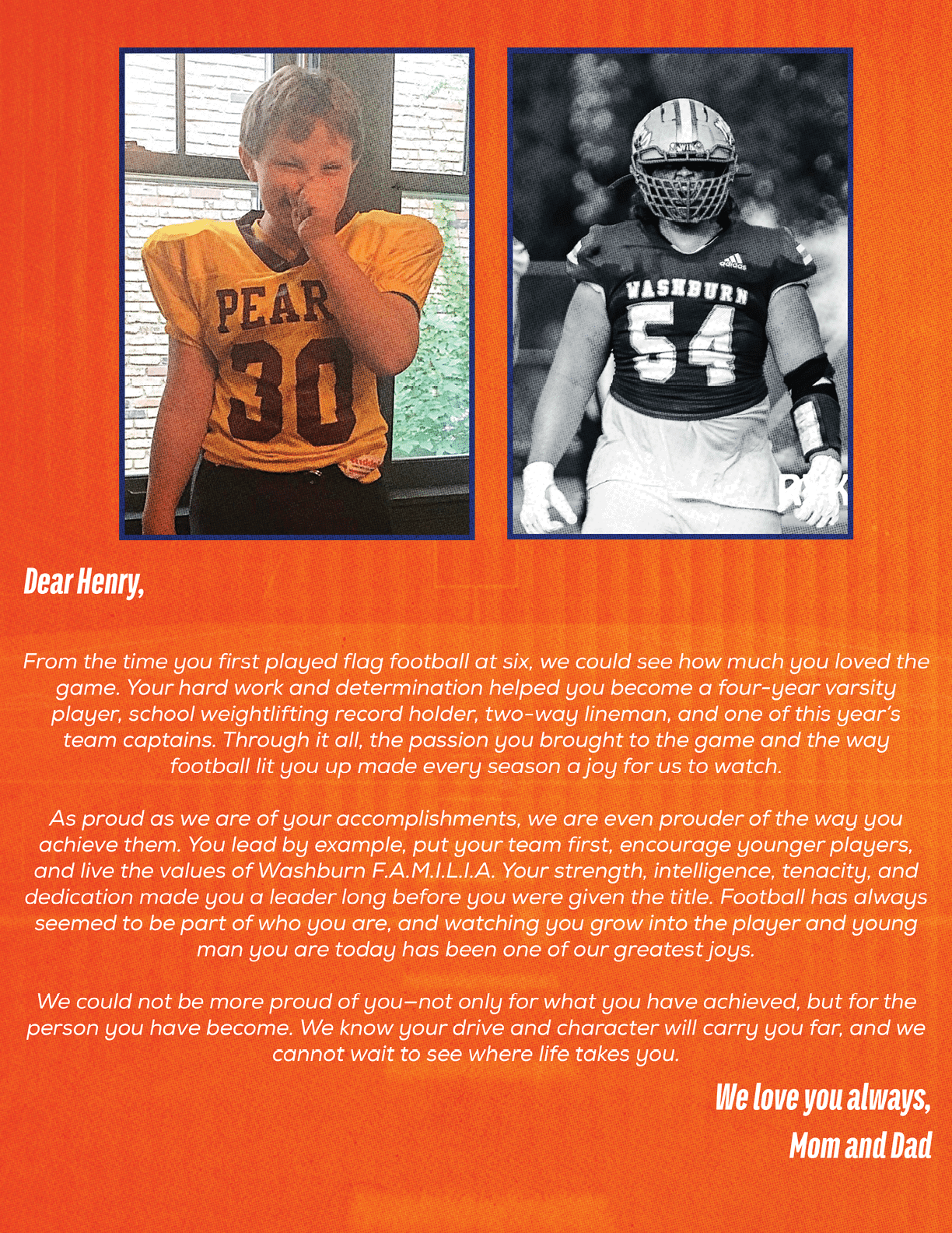 Two photos side by side show a child in a yellow sports jersey with the number 30 and an adult in a football uniform with the number 54, accompanied by a heartfelt letter from parents expressing pride and encouragement for their child's football journey. Description generated by AI