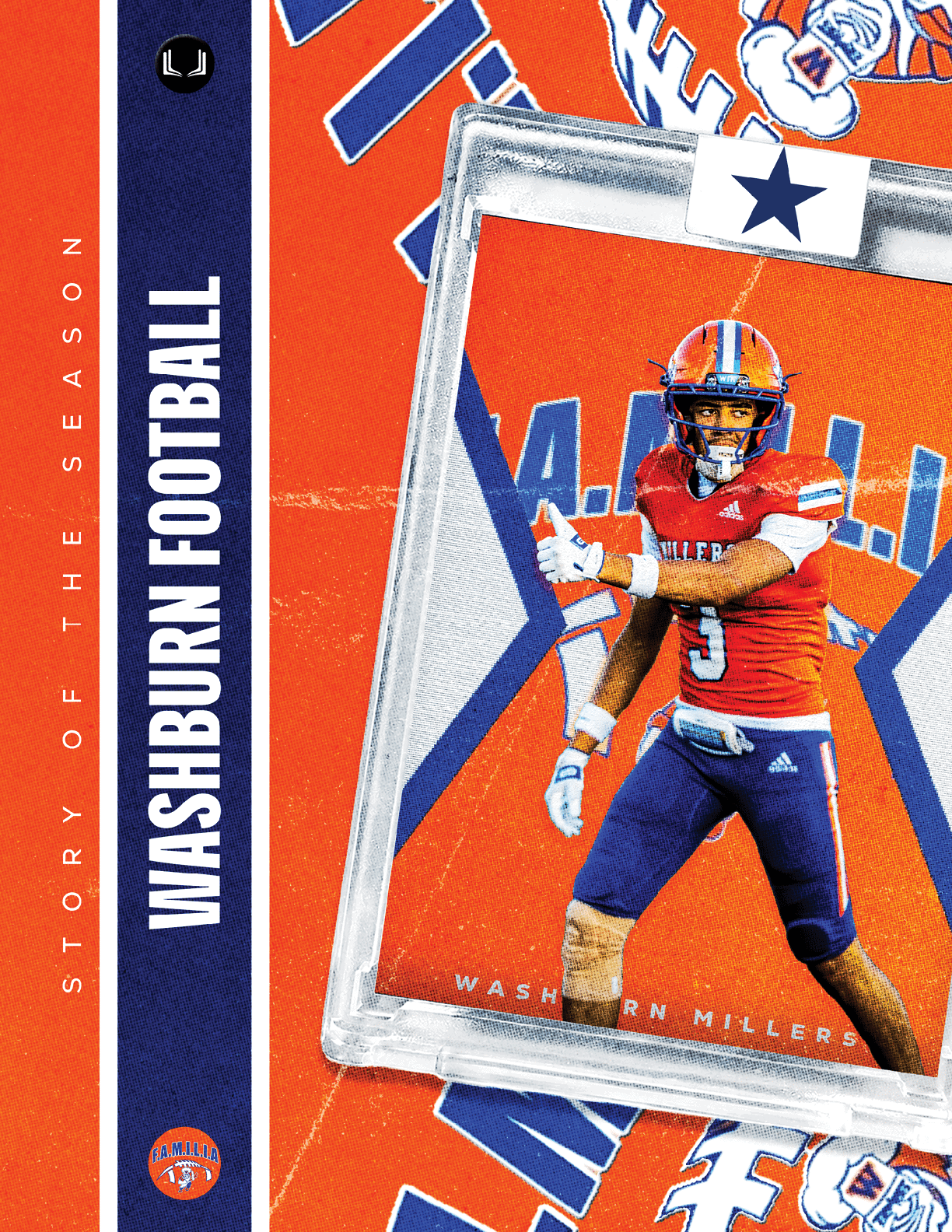 A blue and white card with a football player on it. Description generated by AI