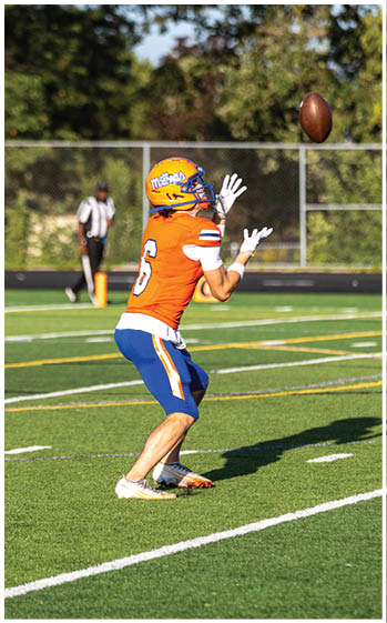 A football player running on the field. Description generated by AI