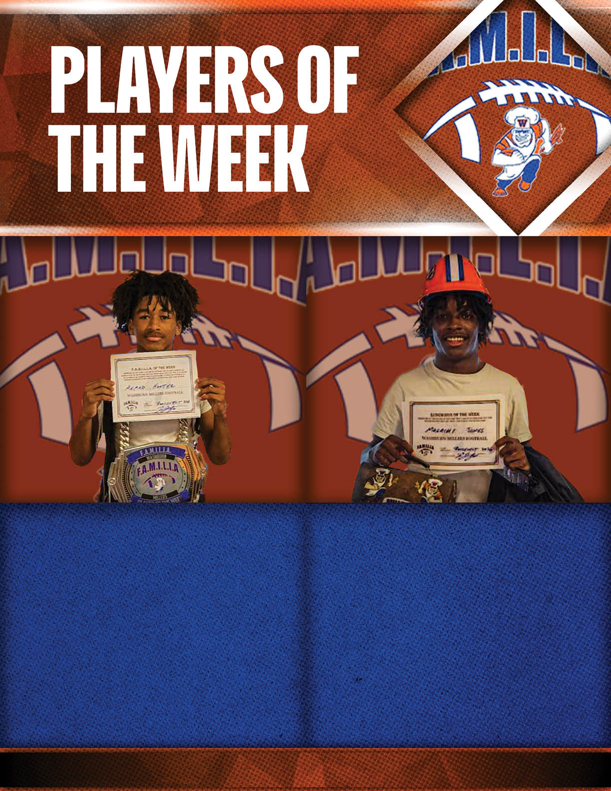 Two adults stand side by side against a sports-themed background with one wearing a large chain necklace and the other holding a certificate and wearing a construction helmet, under the heading “Players of the Week." Description generated by AI