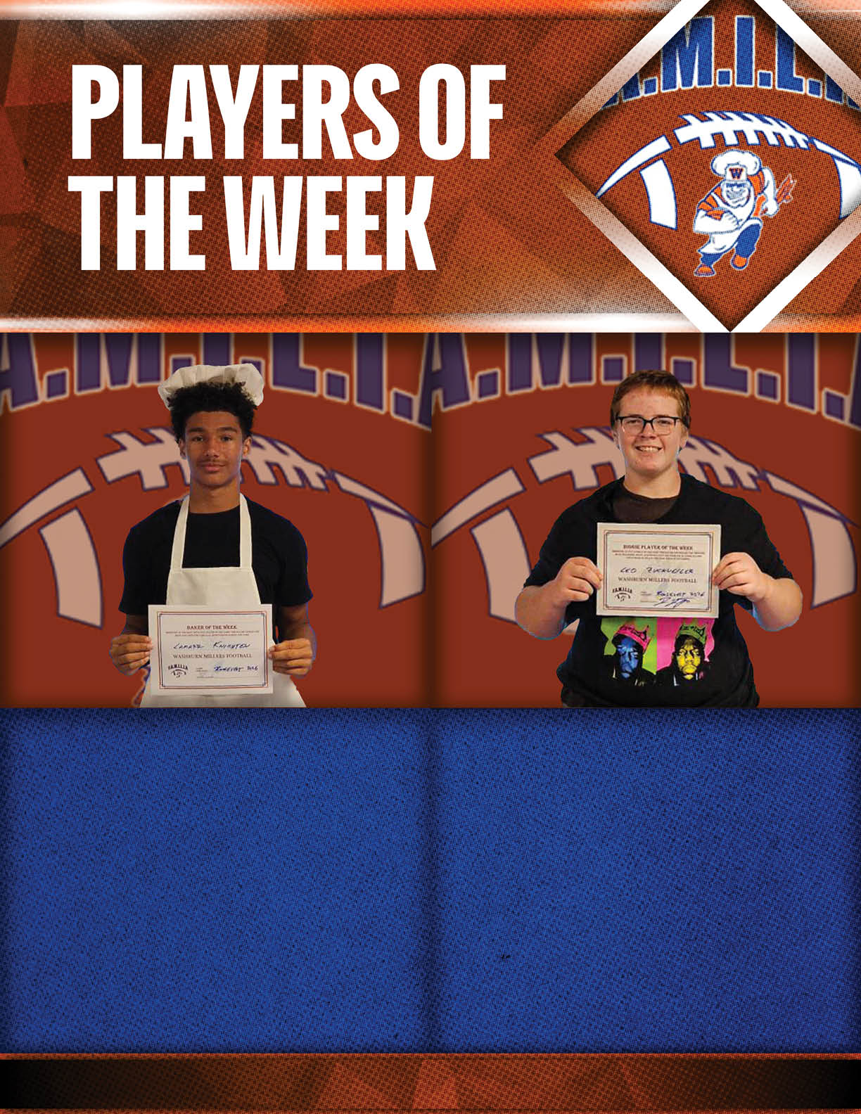 Two people stand side by side holding certificates with a background featuring a football and the text “Players of the Week." Description generated by AI
