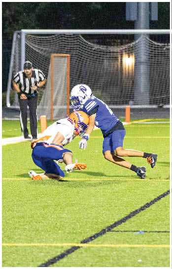 A football player running on the field. Description generated by AI