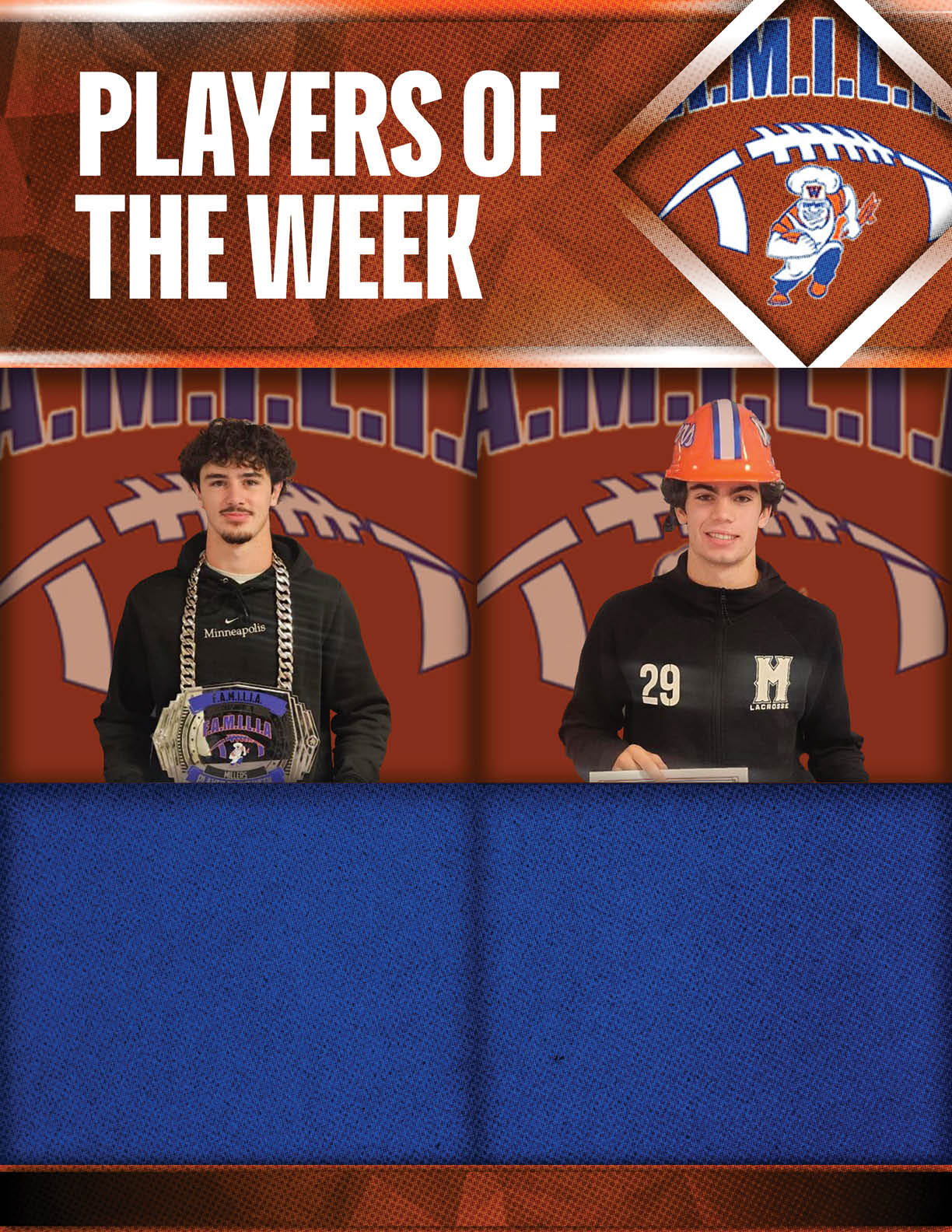Two adults stand side by side against a sports-themed background with one wearing a large chain necklace and the other holding a certificate and wearing a construction helmet, under the heading “Players of the Week." Description generated by AI