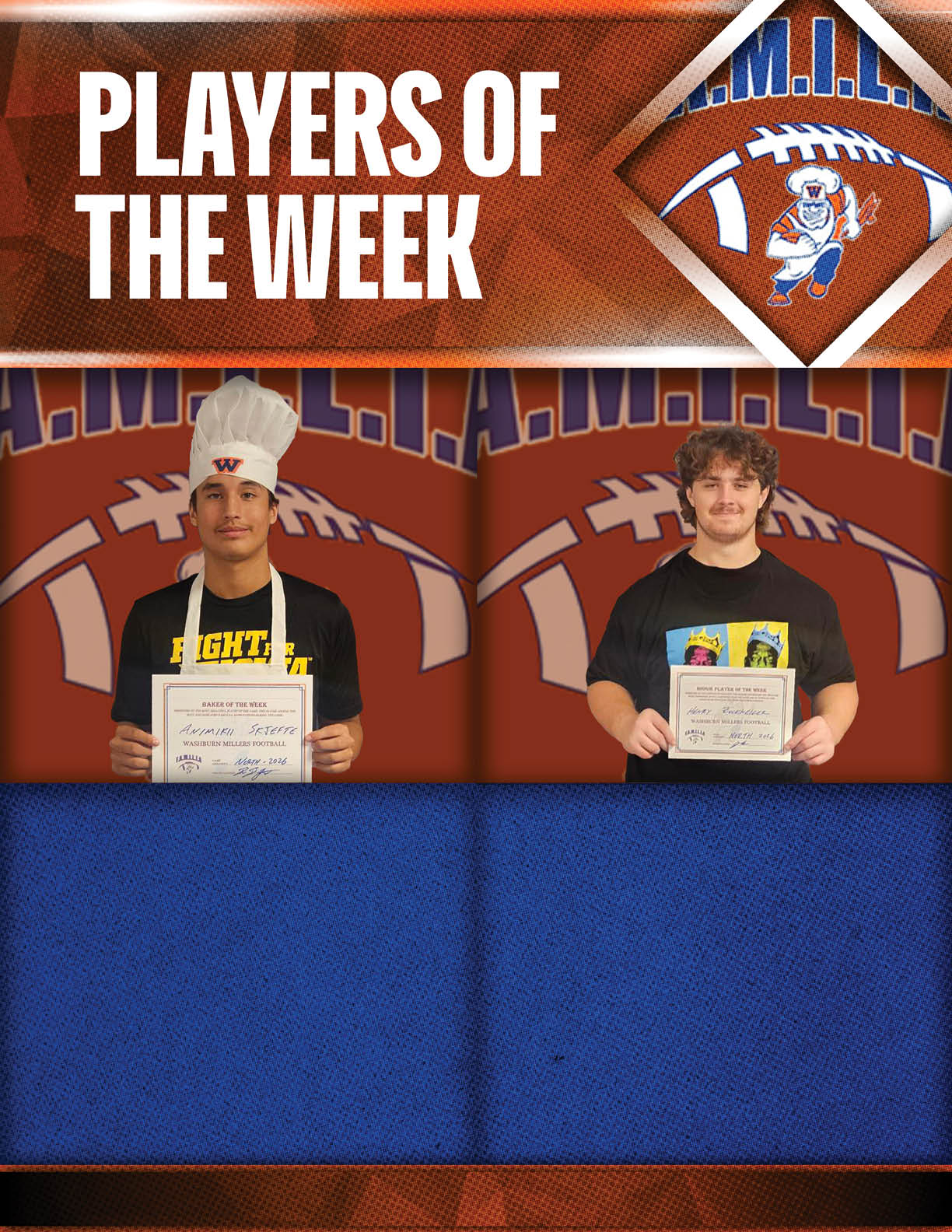 Two people stand side by side holding certificates with a background featuring a football and the text “Players of the Week." Description generated by AI