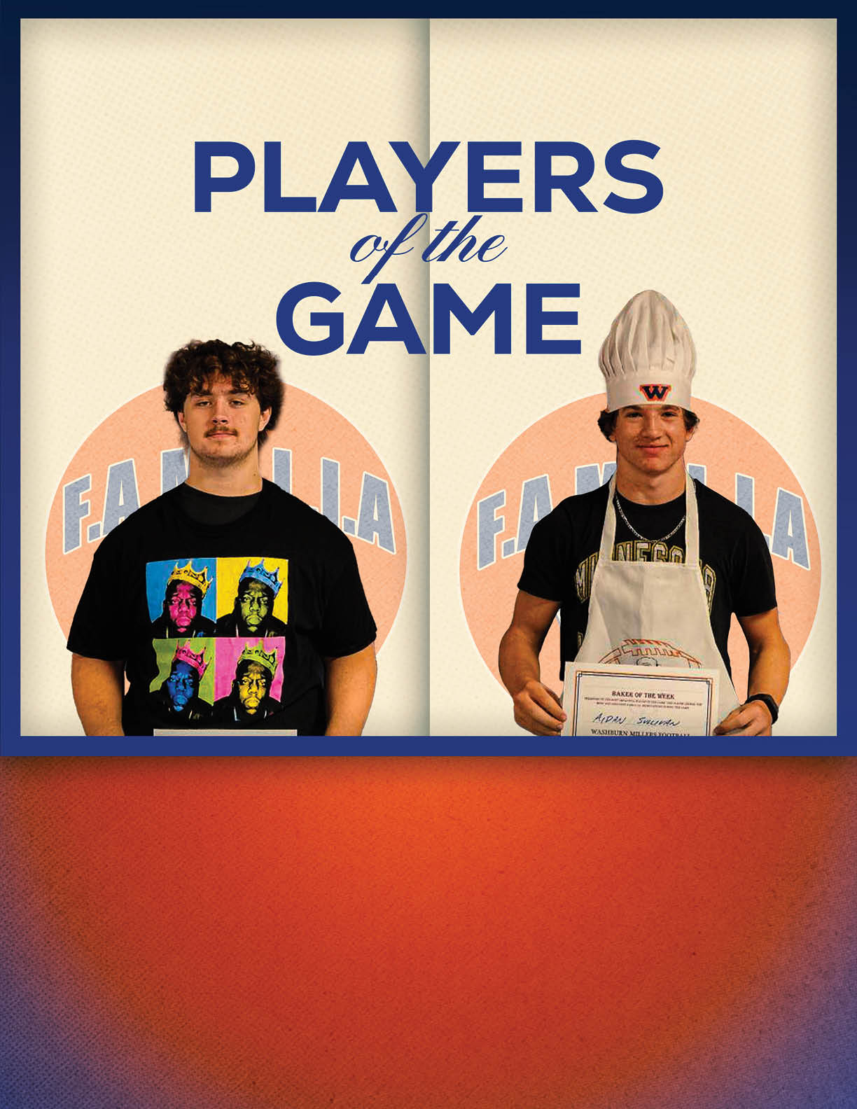 Two people stand side by side holding certificates with a background featuring a football and the text “Players of the Week." Description generated by AI