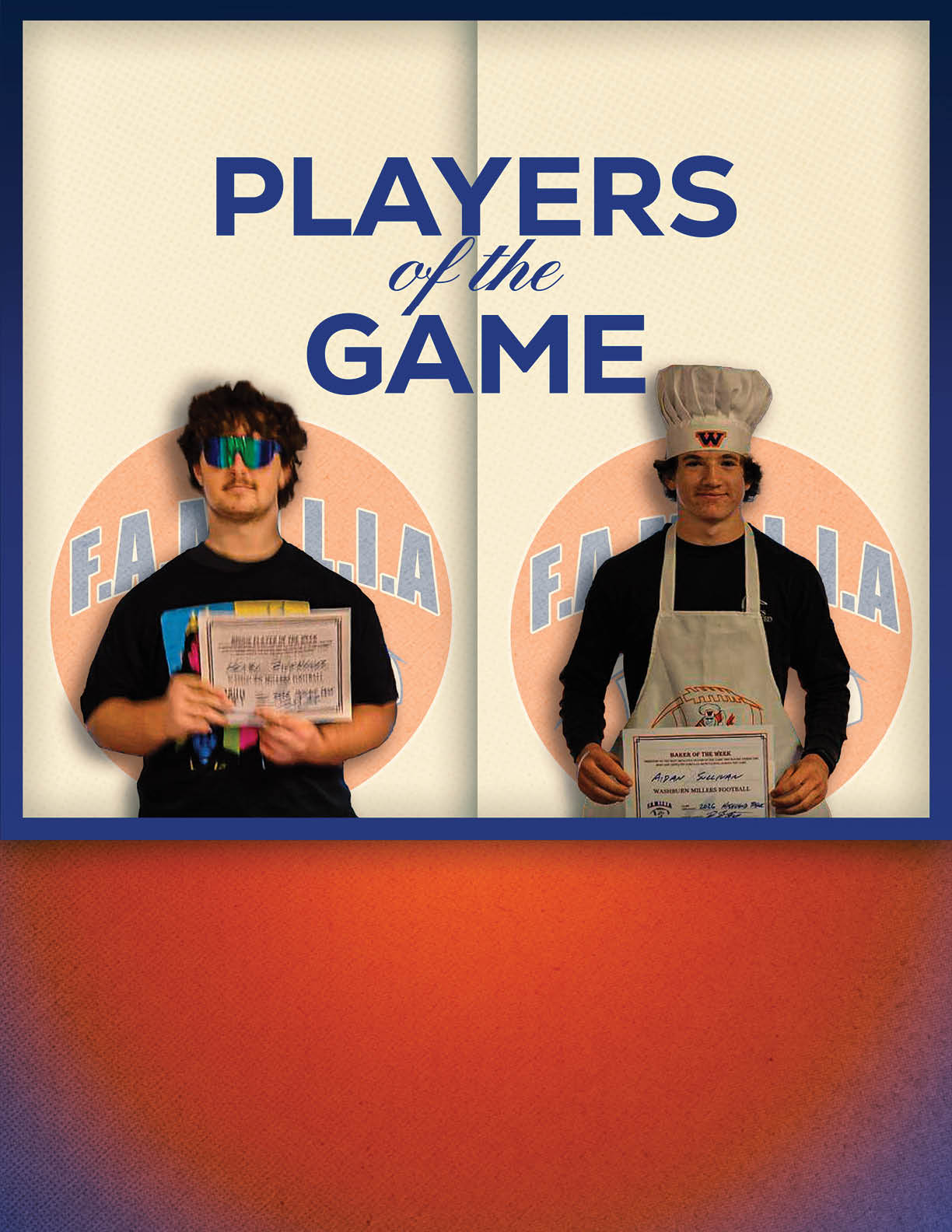 Two people stand side by side holding certificates with a background featuring a football and the text “Players of the Week." Description generated by AI
