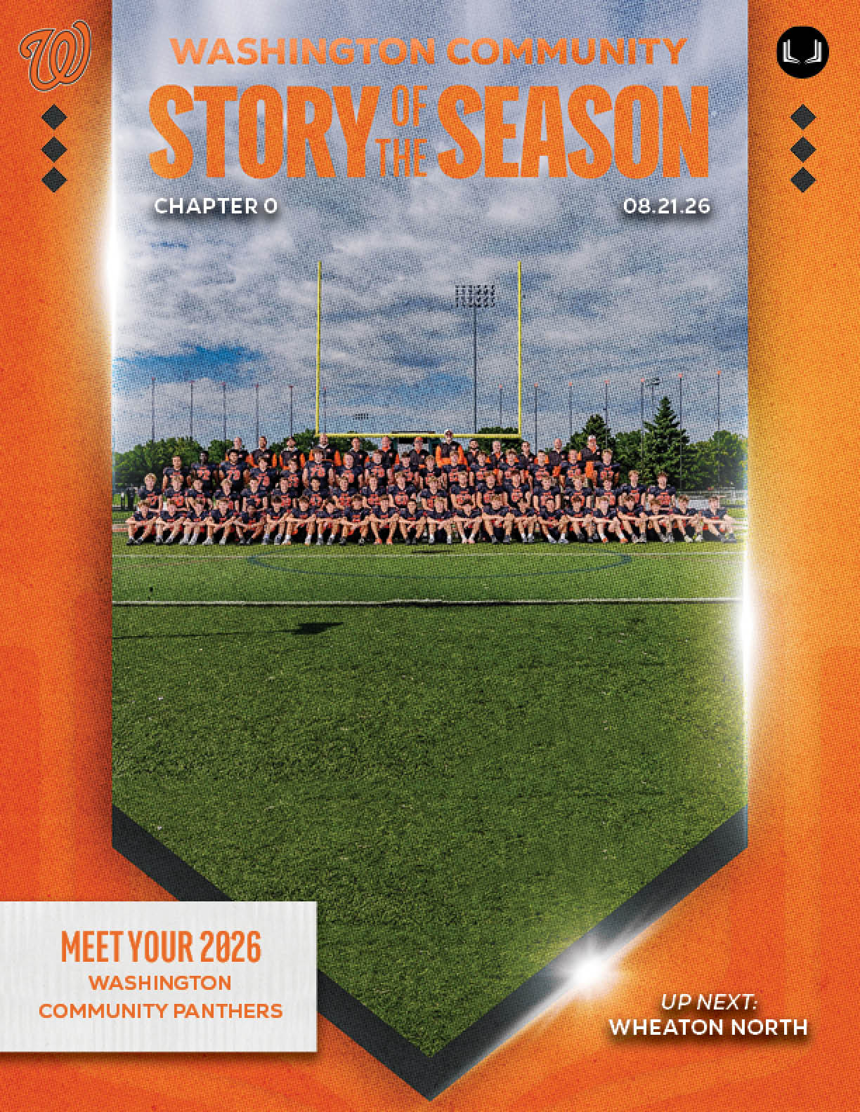 A football team poses for a group photo on the field. AI generated content