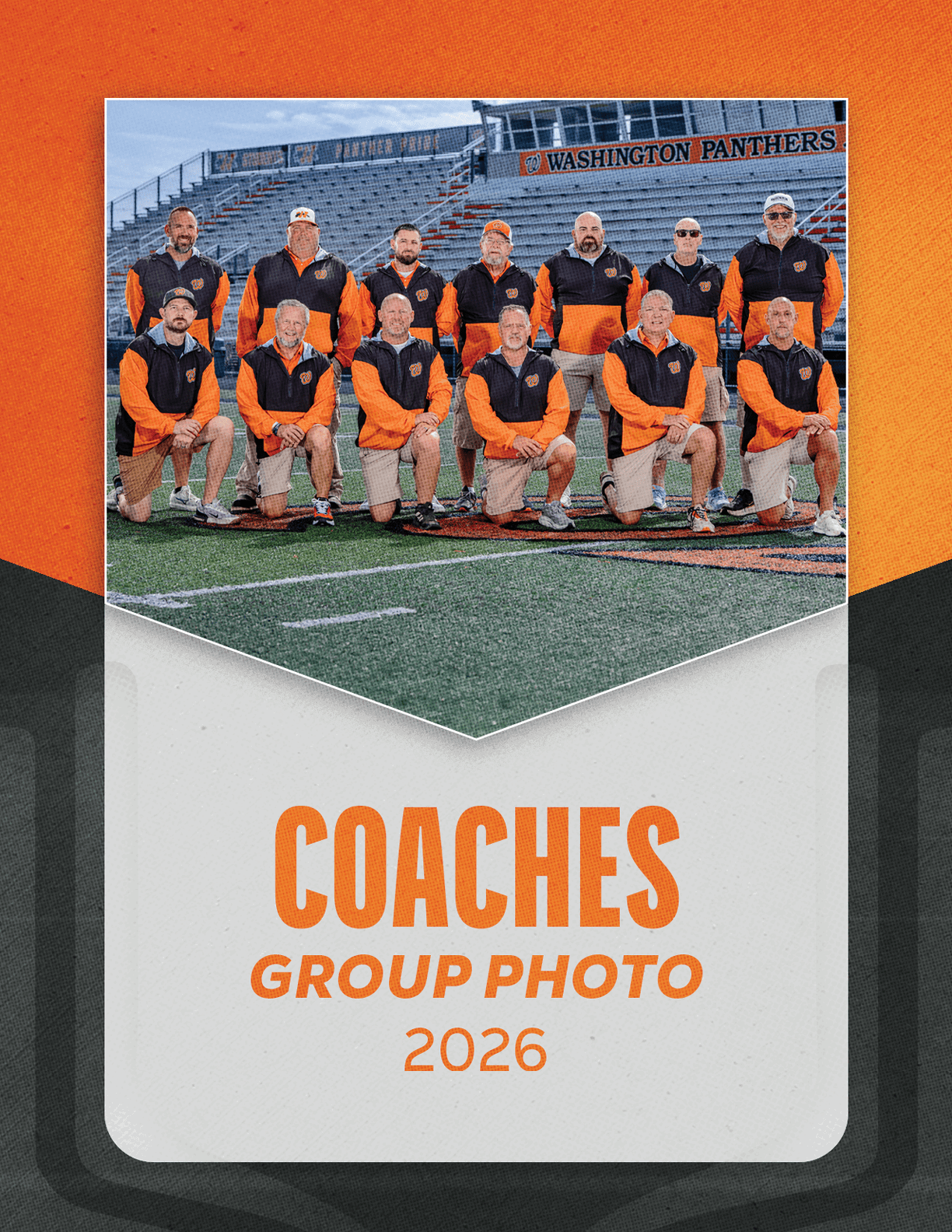 A group of men in orange and black posing for a photo. AI generated content