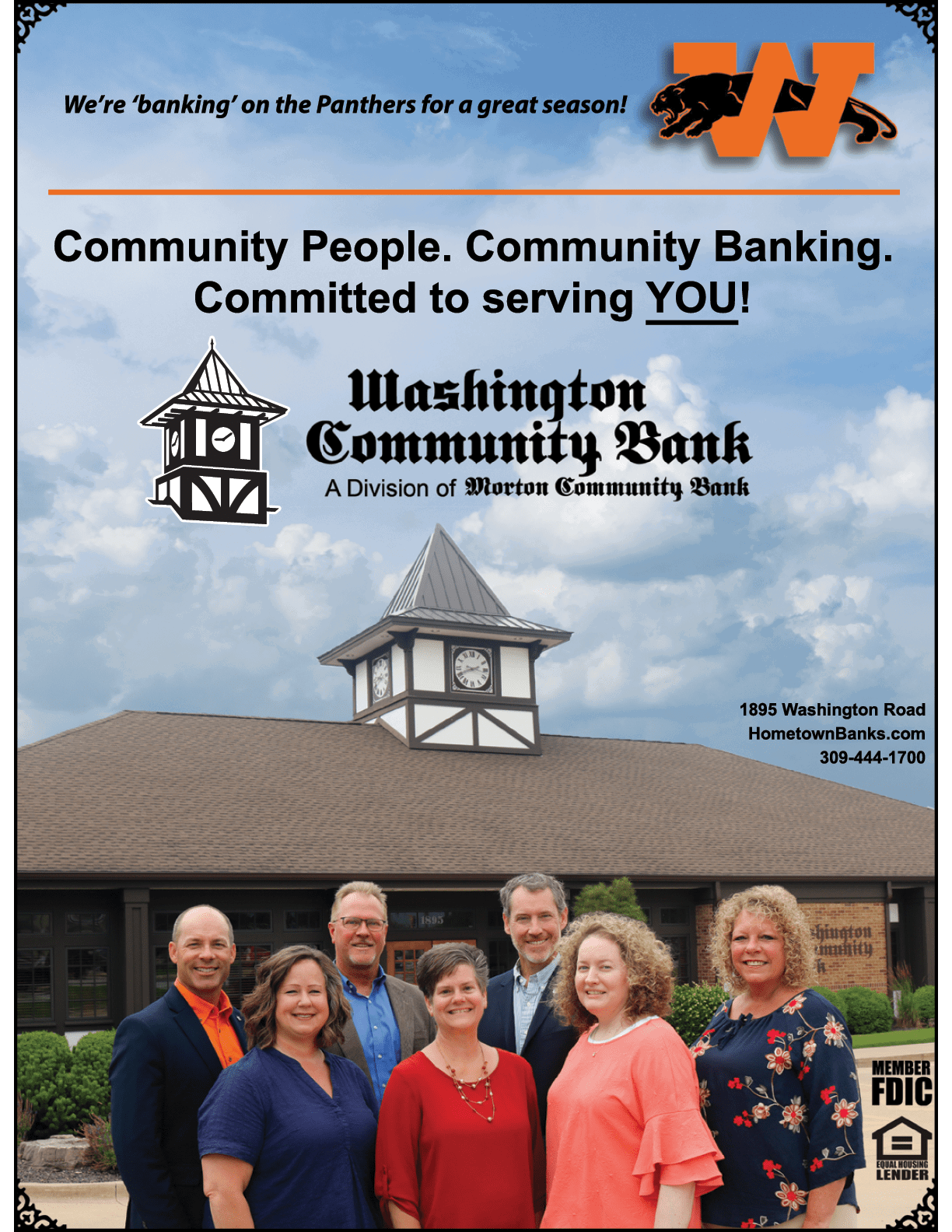 A group of people pose for a photo in front of a bank. AI generated content