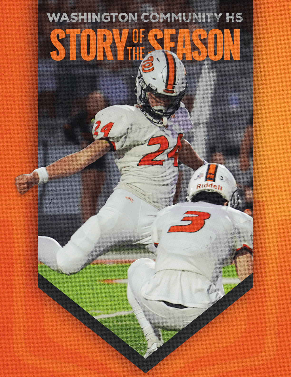 A group of five people in black and orange football uniforms and helmets stand in a line on a field with the text Washington Community HS Story of the Season above them. Description generated by AI