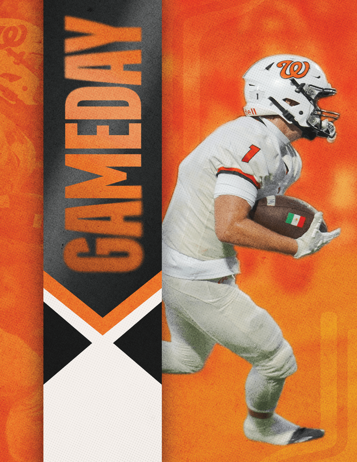 Two people in football uniforms are engaged in a tackle on an orange field with a vertical black banner reading GAMEDAY. Description generated by AI