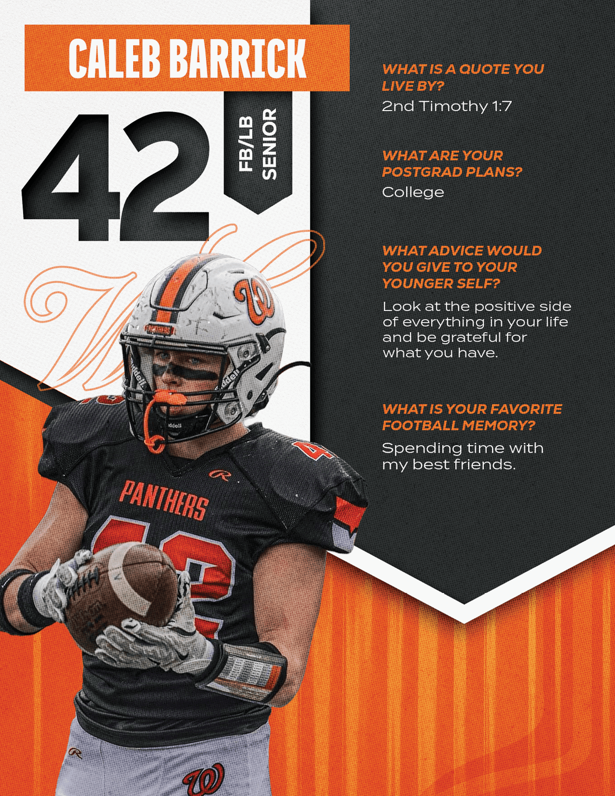 A person in a football uniform holding a football is featured alongside text with their name, number, class year, and answers to questions about a favorite quote, postgrad plans, advice to younger self, and favorite football memory. Description generated by AI