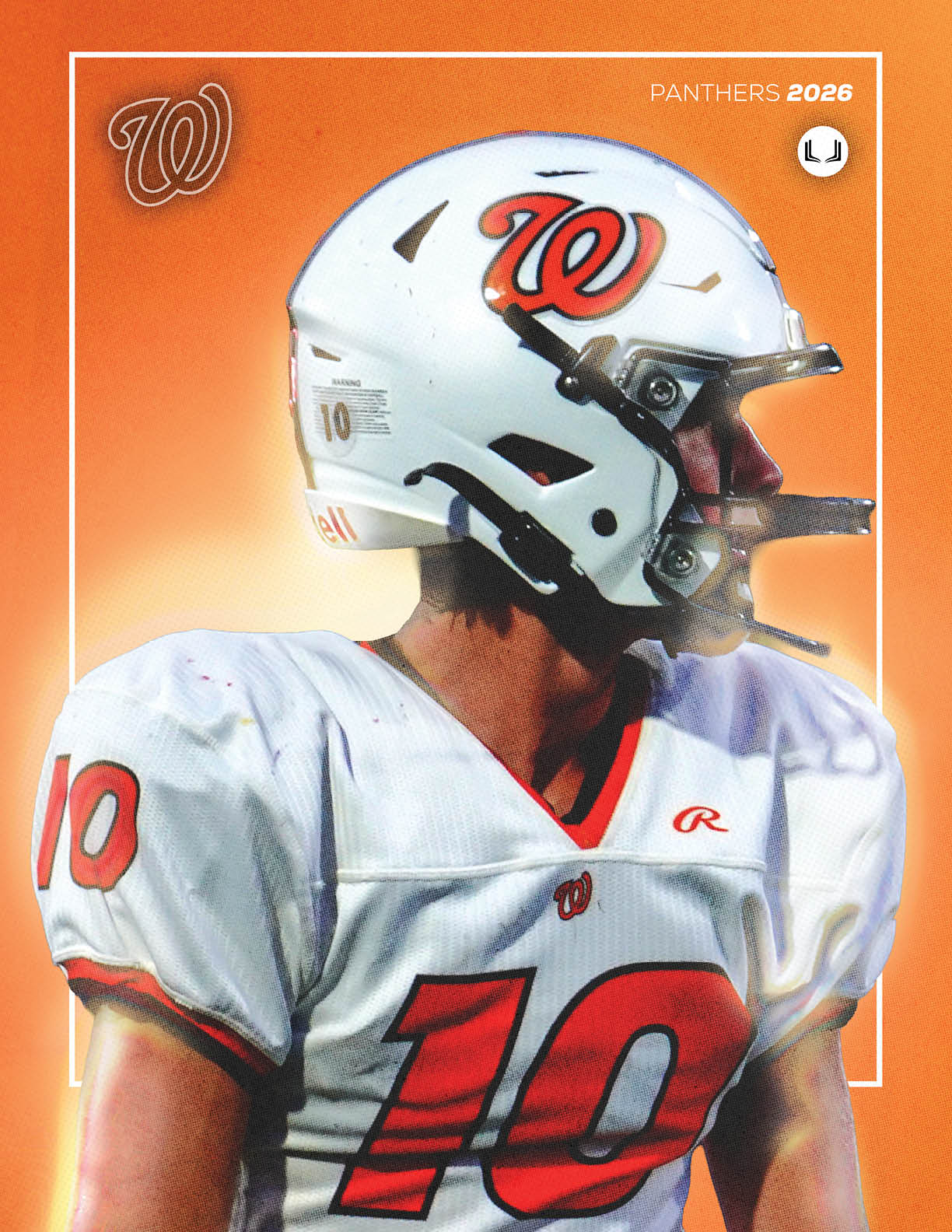 A person wearing a white football uniform with the number 10 and a white helmet with a red “W" logo is looking to the side against an orange background. Description generated by AI